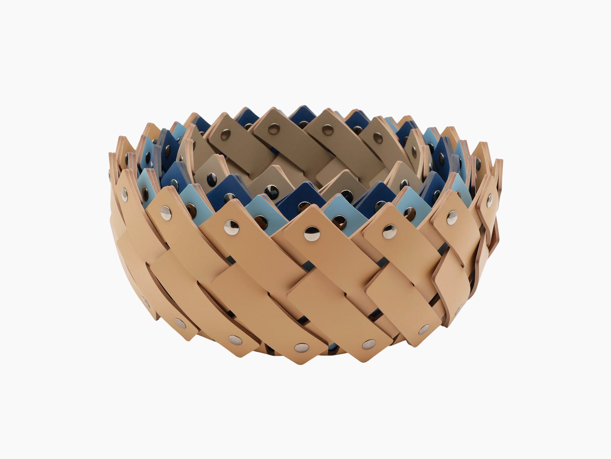 Group of Almeria Round Emptypockets towel baskets in tan blue and taupe with chrome fittings