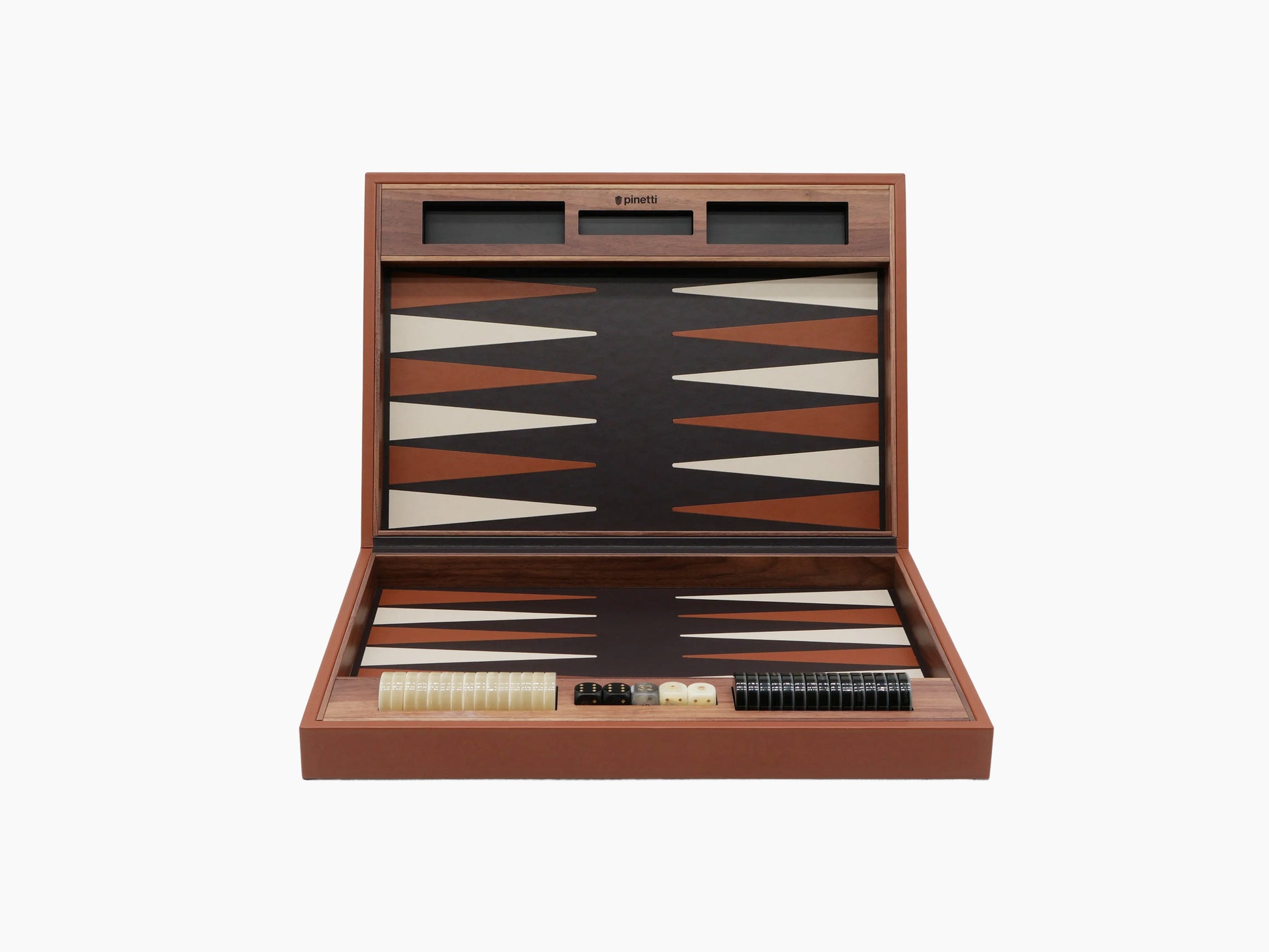 Open backgammon set in warm Canaletto walnut with leather playing surface and scattered pieces.