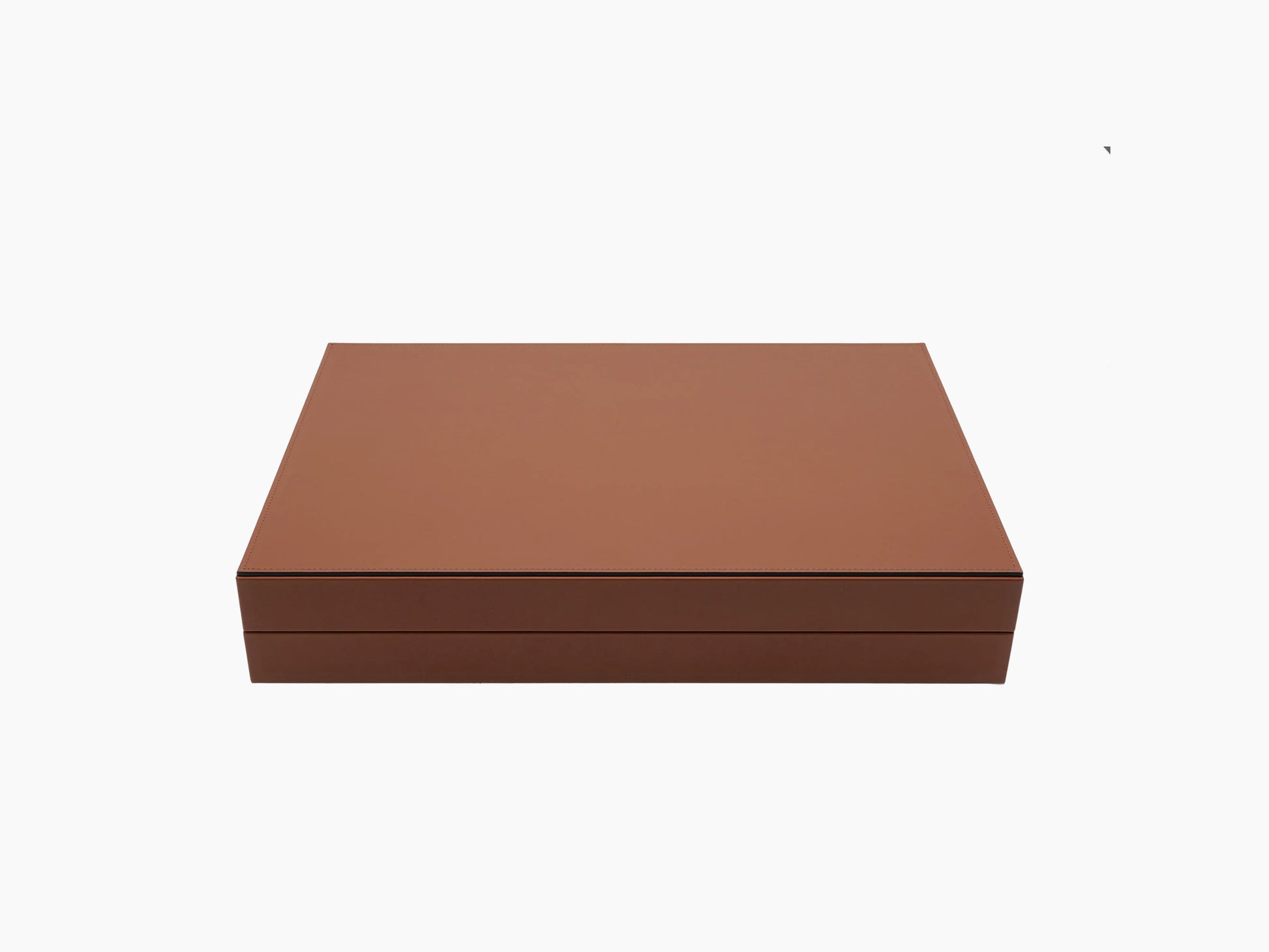 Brown leather presentation box for a luxury backgammon set with clean lines and a snug lid