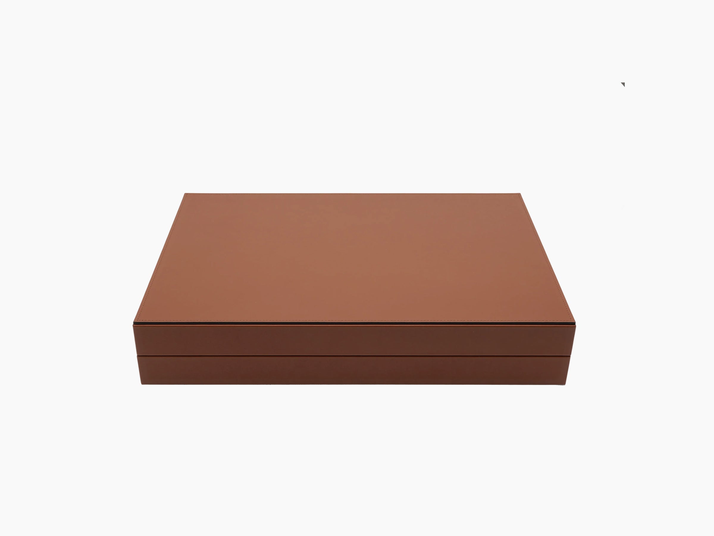Brown leather presentation box for a luxury backgammon set with clean lines and a snug lid