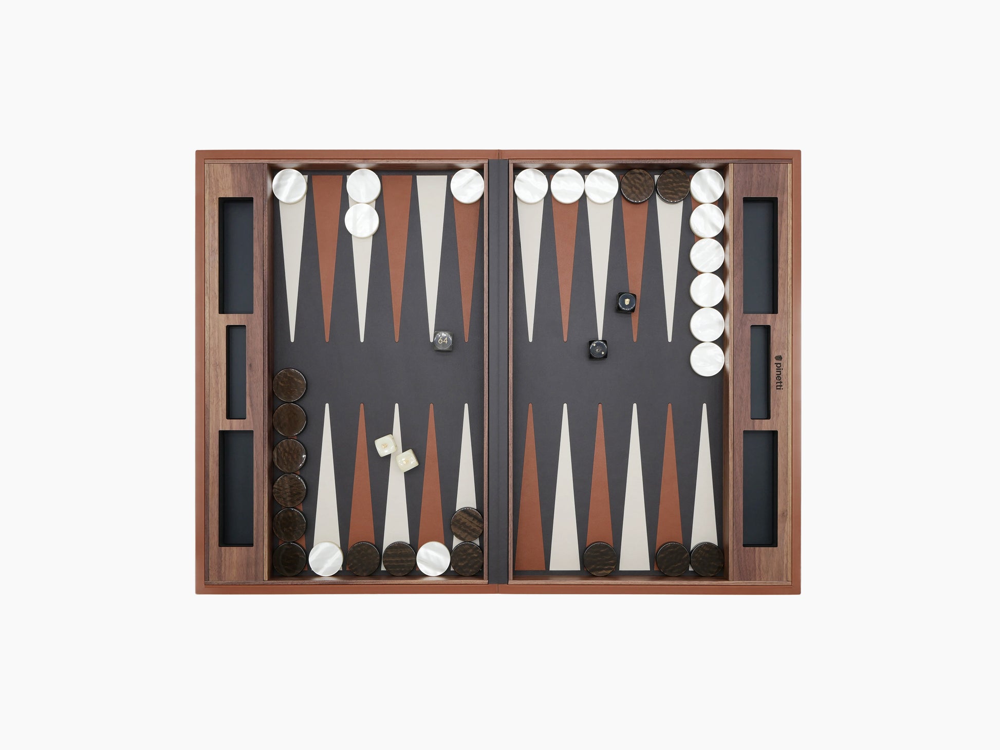 Opened backgammon board in warm wood tones with alternating triangular points and white and dark game pieces