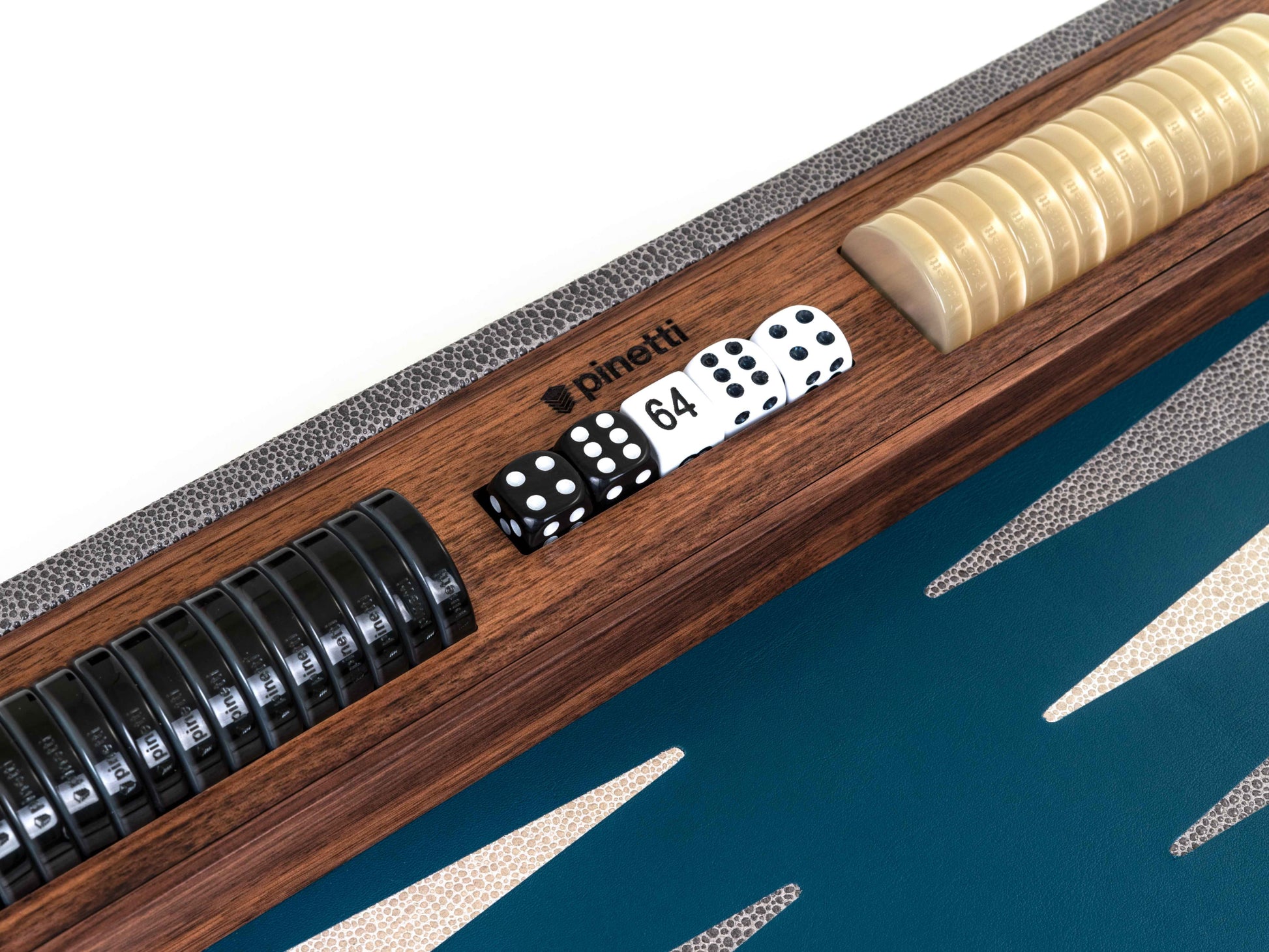 Top view of a Canaletto walnut backgammon set with premium leather trim, pearled pawns, and dice arranged on the board