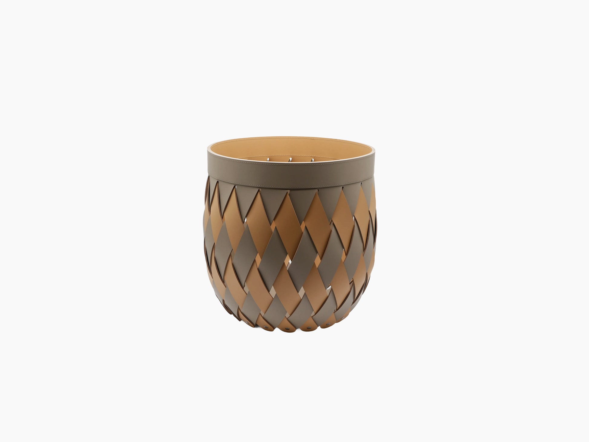 Canaria Medium Basket with diagonal tan and gray lattice panels forming a rounded vase like silhouette.