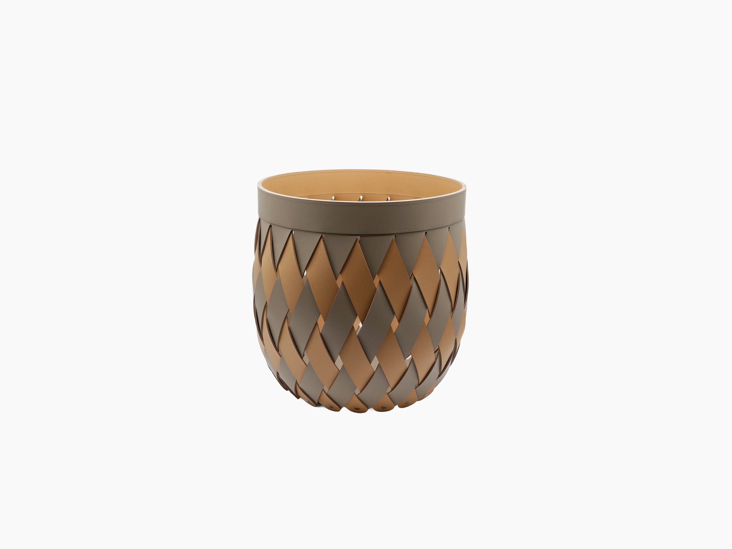 Canaria Medium Basket with diagonal tan and gray lattice panels forming a rounded vase like silhouette.
