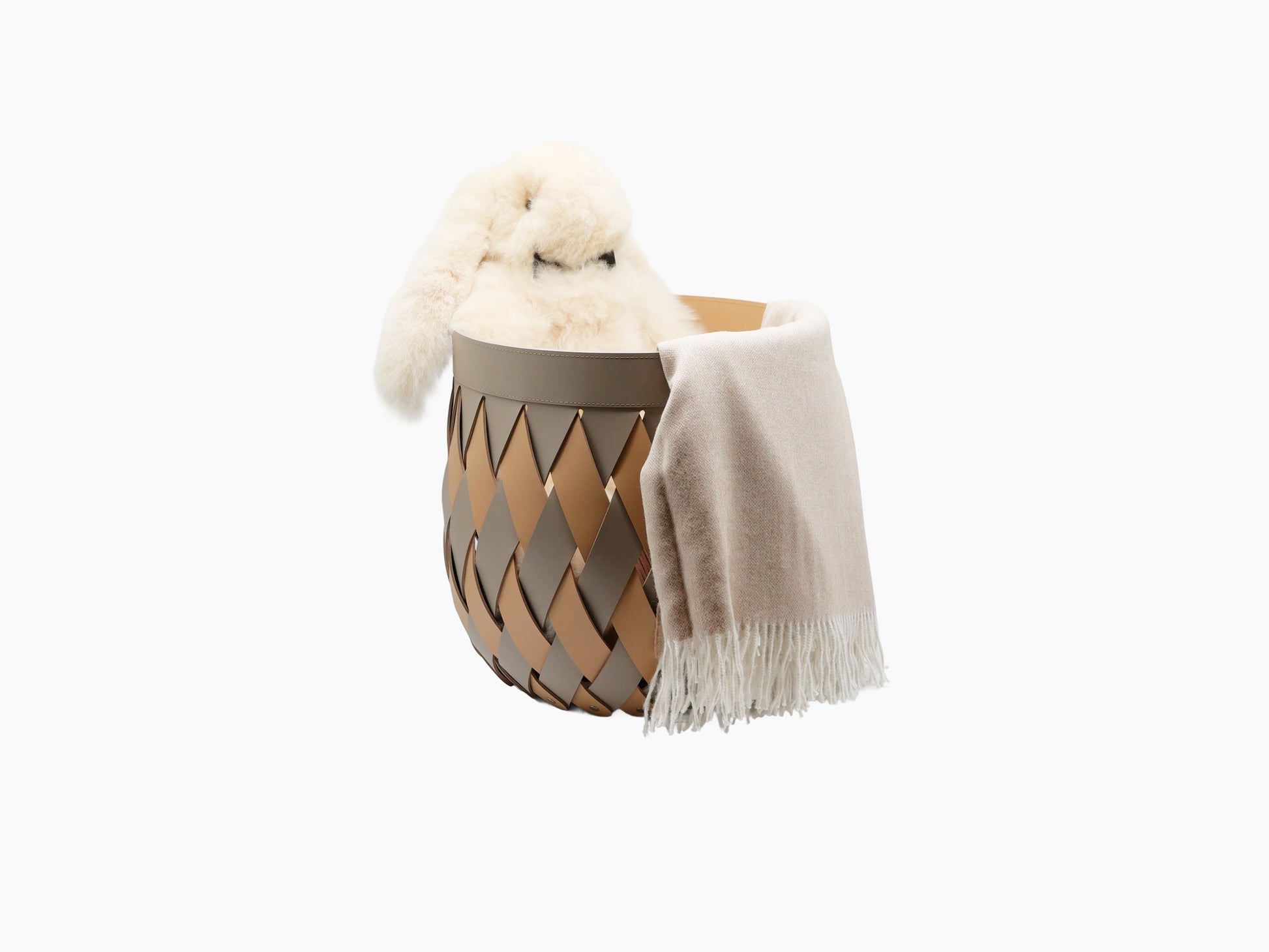Lidded round Canaria basket with a diamond weave of taupe and gray leather strips