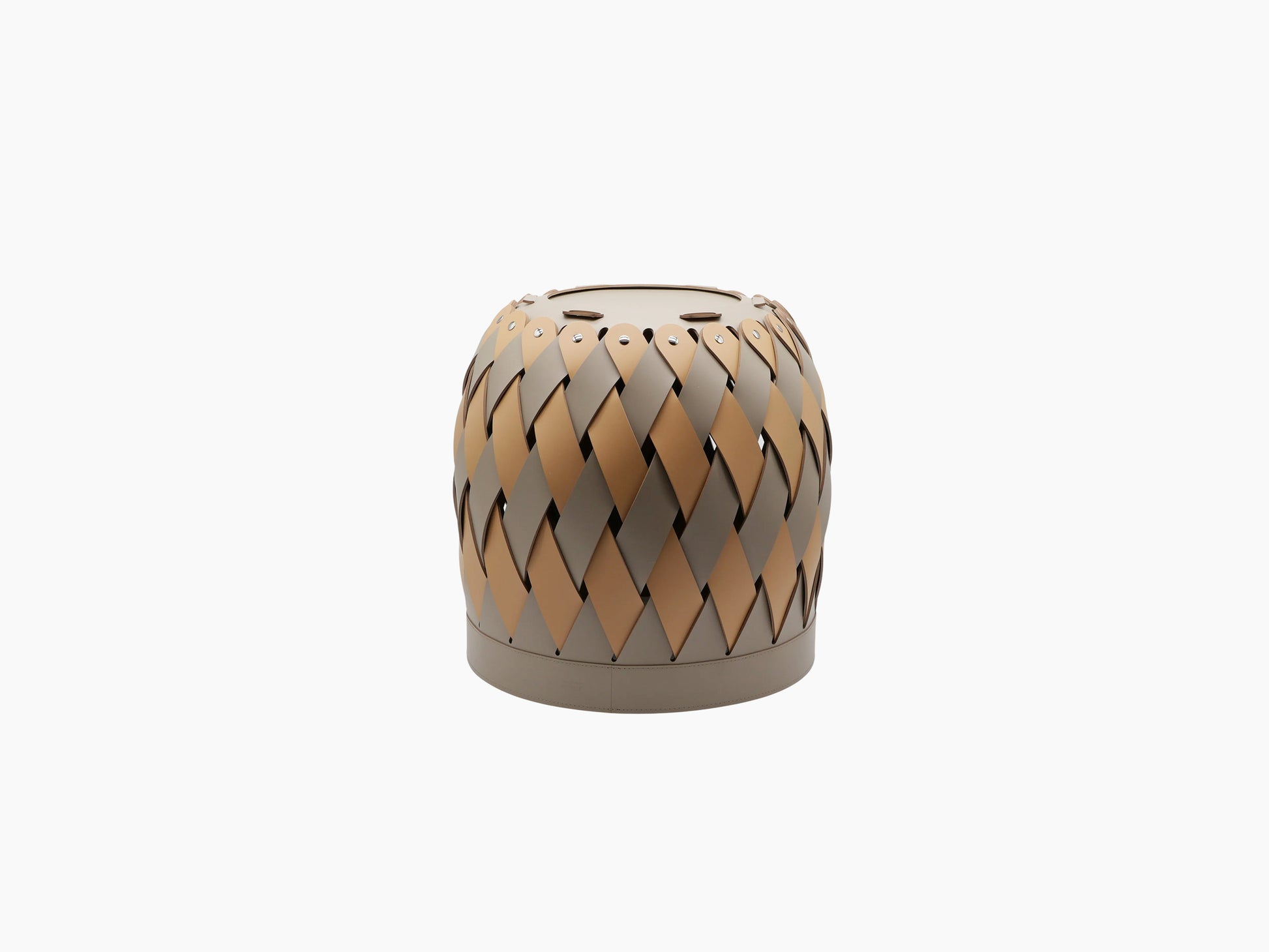 Canaria Medium Basket featuring taupe and beige leather with a wrapped top edge and woven panel texture.