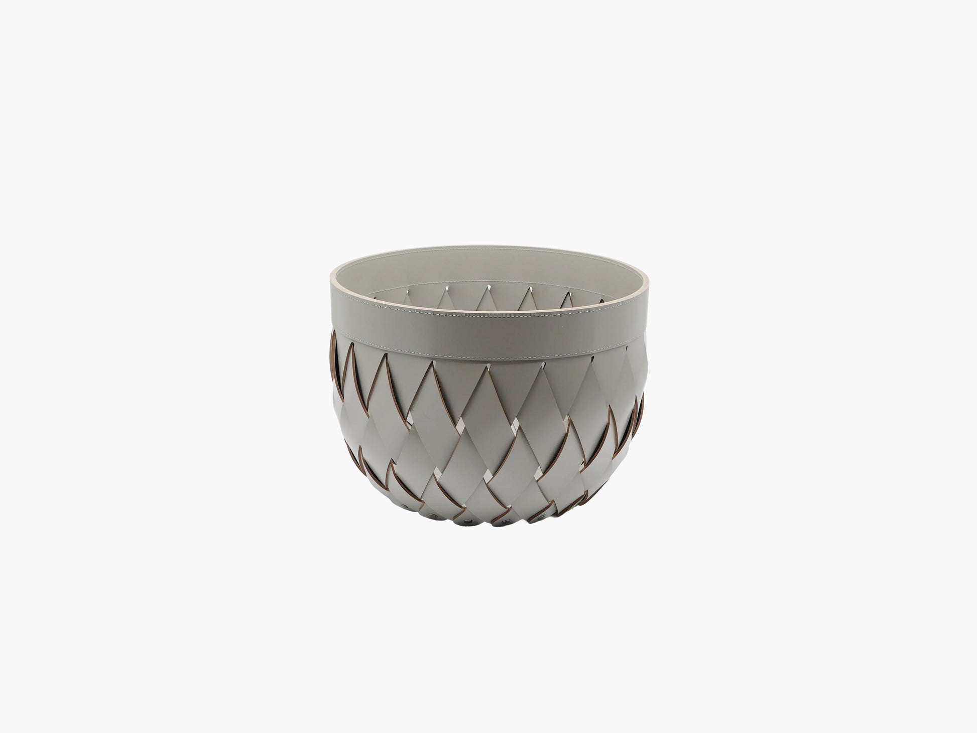 Canaria Small Basket in pale gray braided leather with beige fluffy fur lining visible inside.