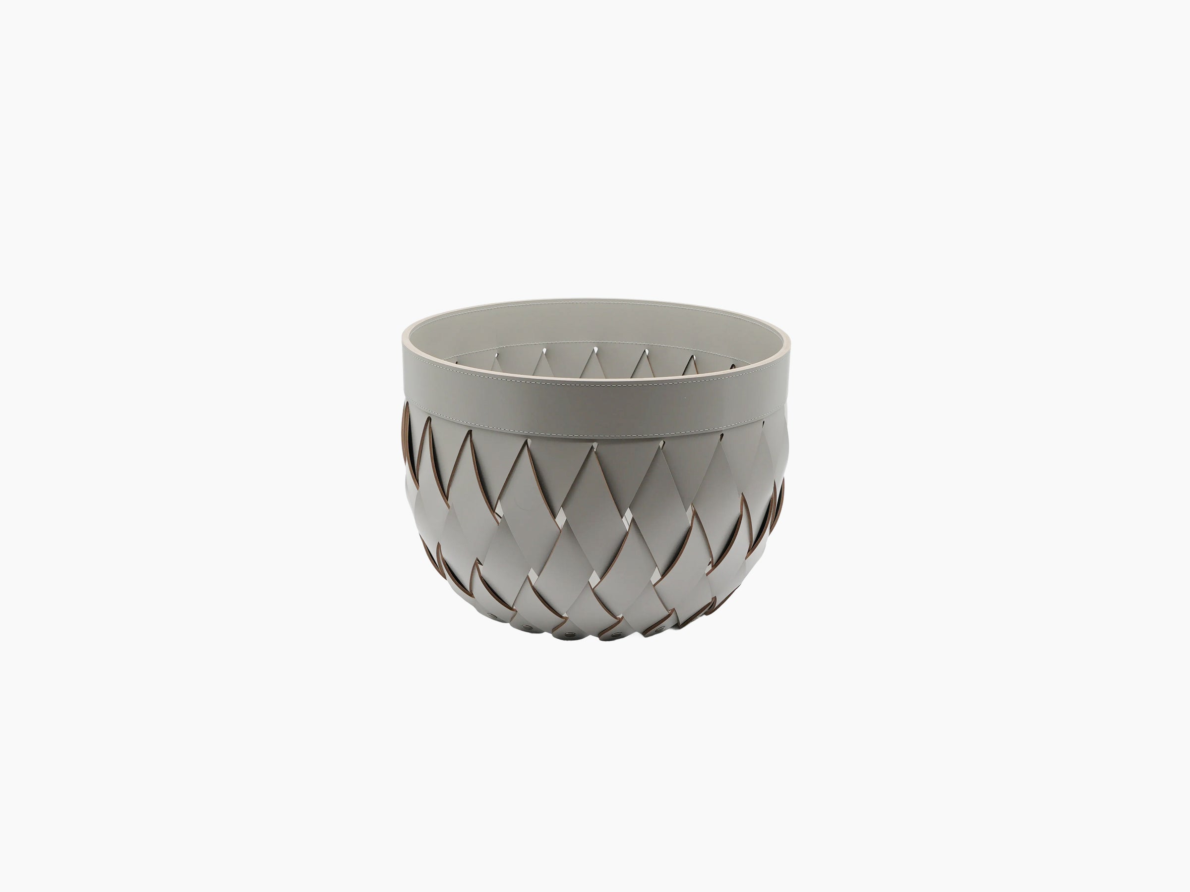 Canaria Small Basket in pale gray braided leather with beige fluffy fur lining visible inside.