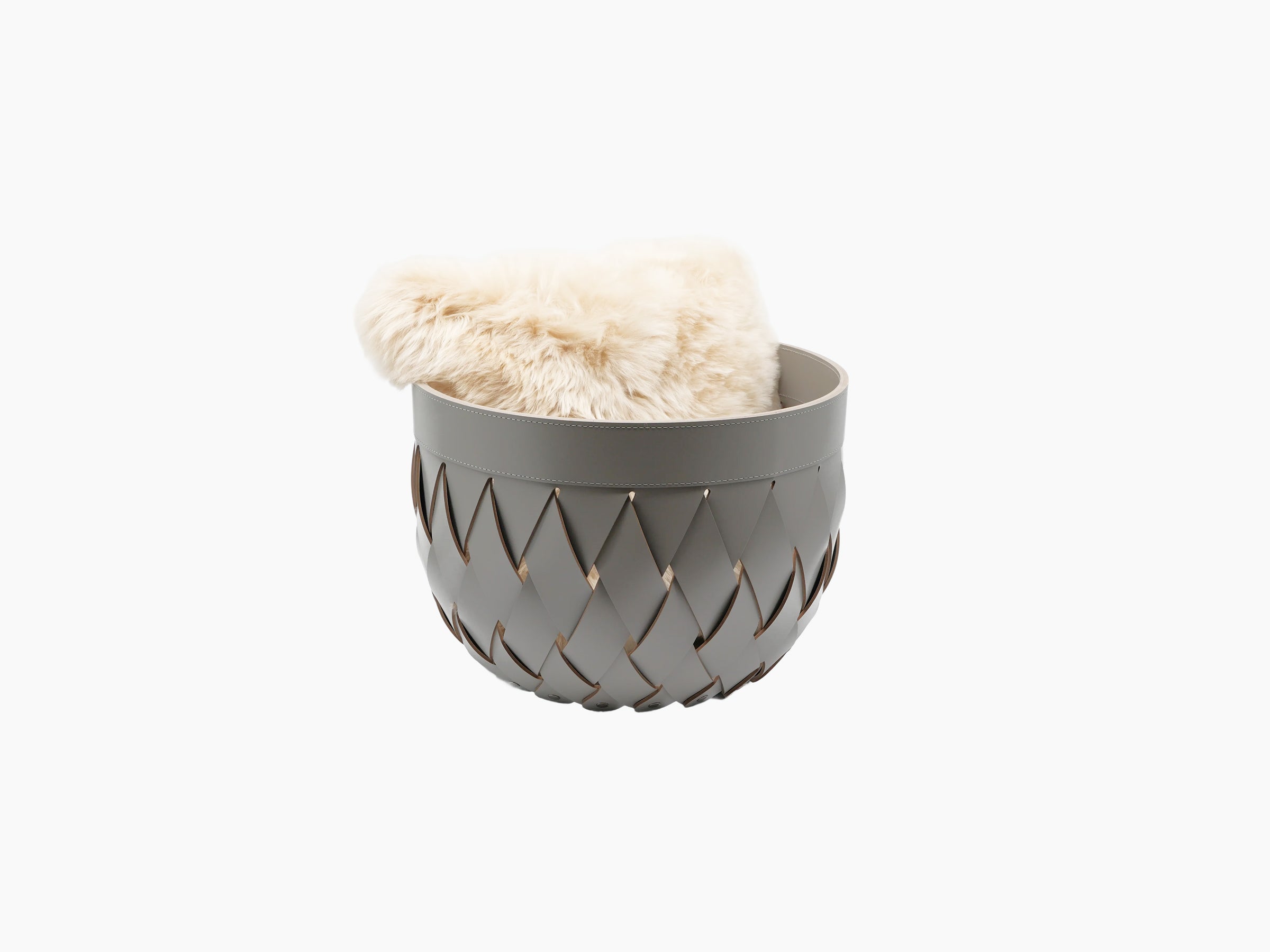 Grey Canaria small basket braided leather with fur lining and upholstery nails
