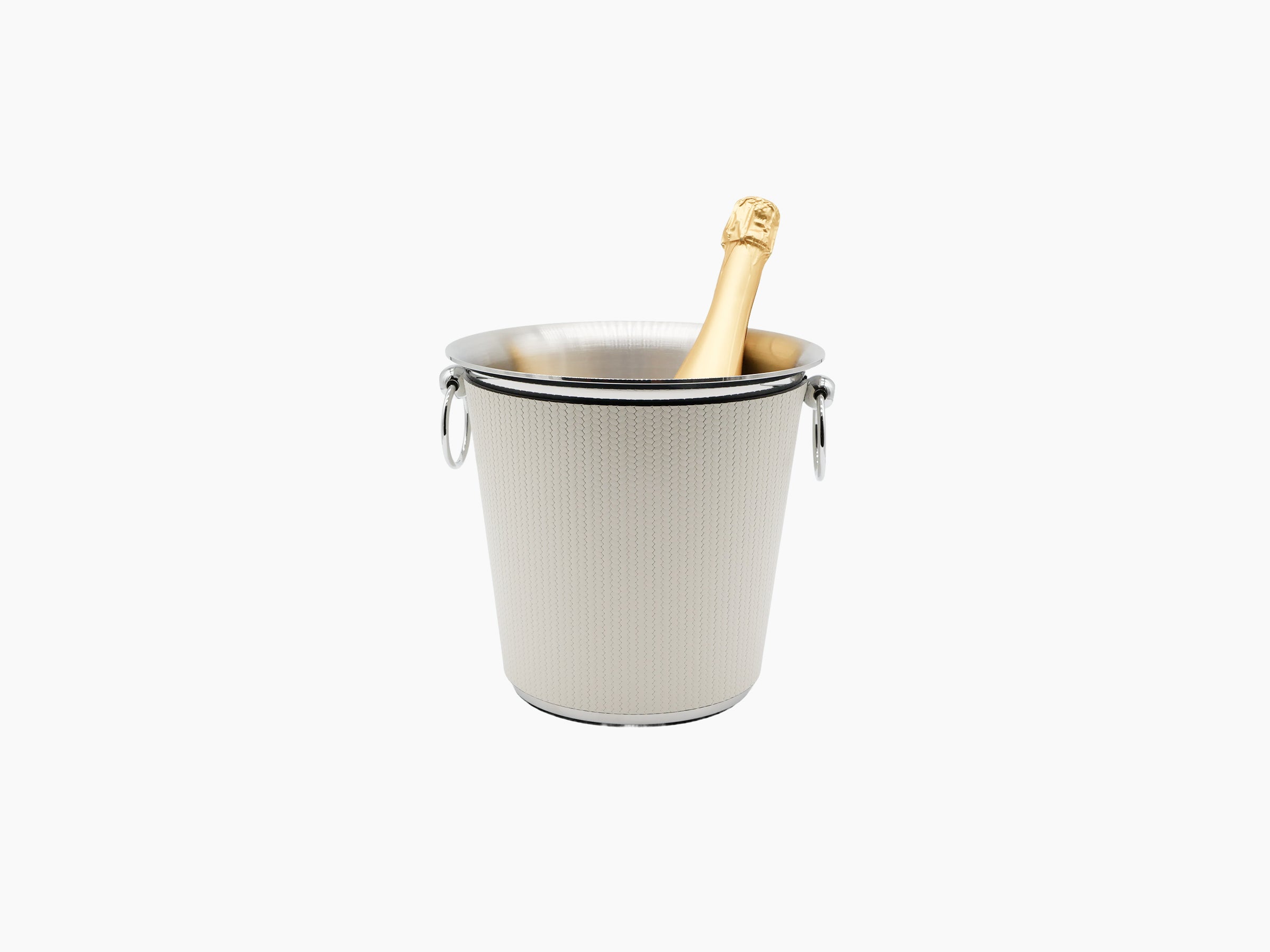 Textured metal champagne bucket with ring handles and a champagne bottle inside