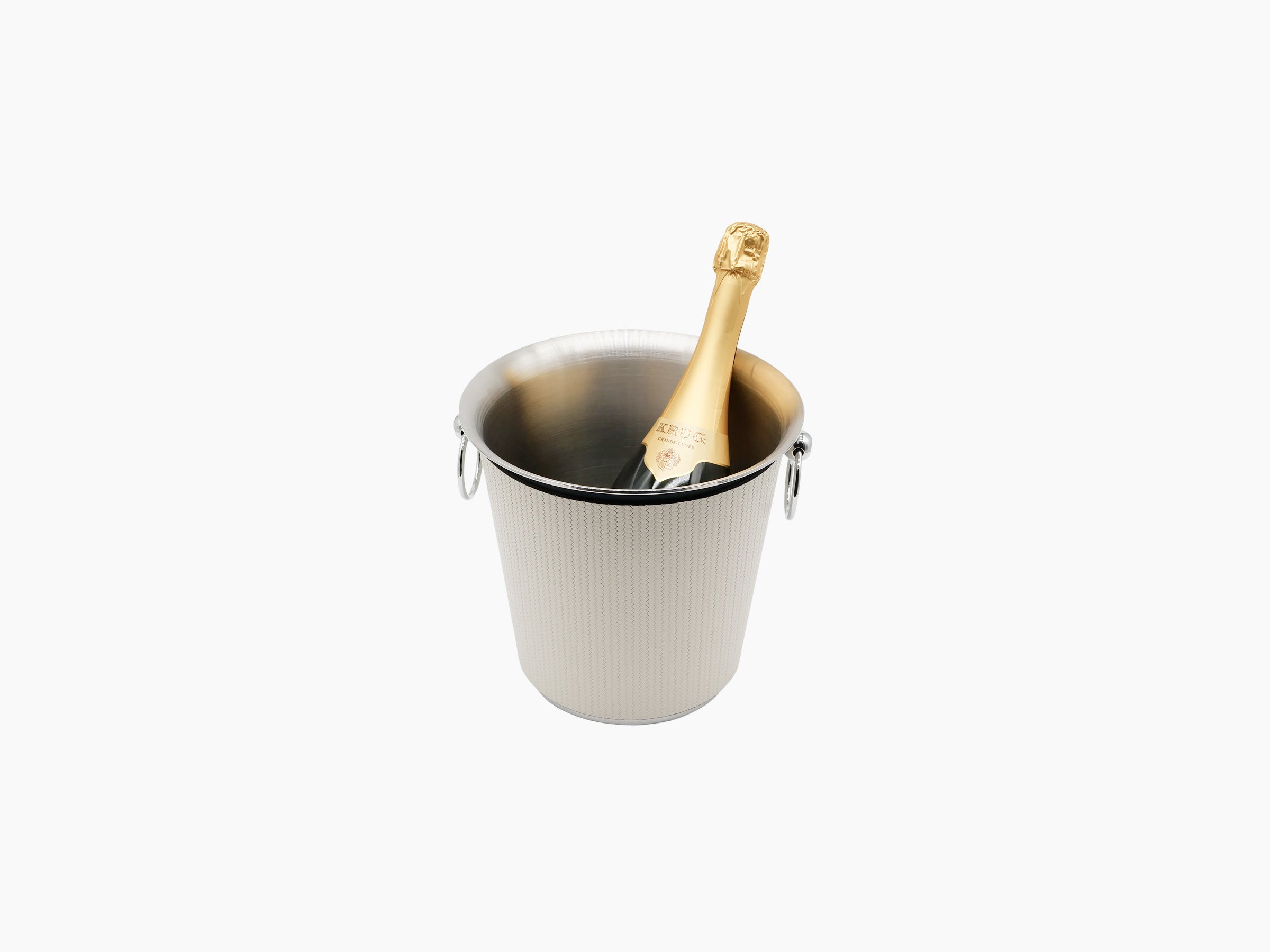 Champagne bottle in a polished metal bucket with leather trim and side handles.