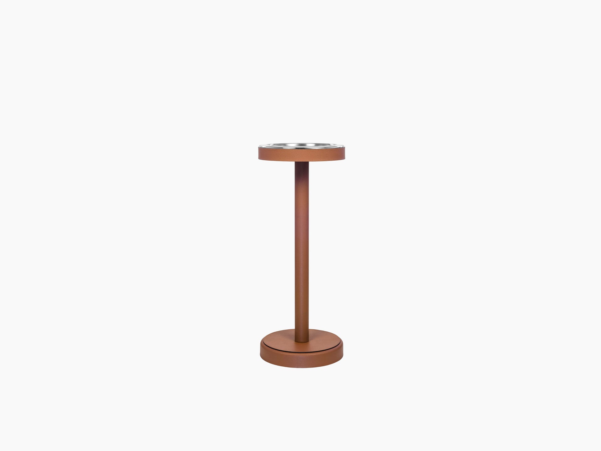 Champagne bucket set on a tall brown stand with a circular base