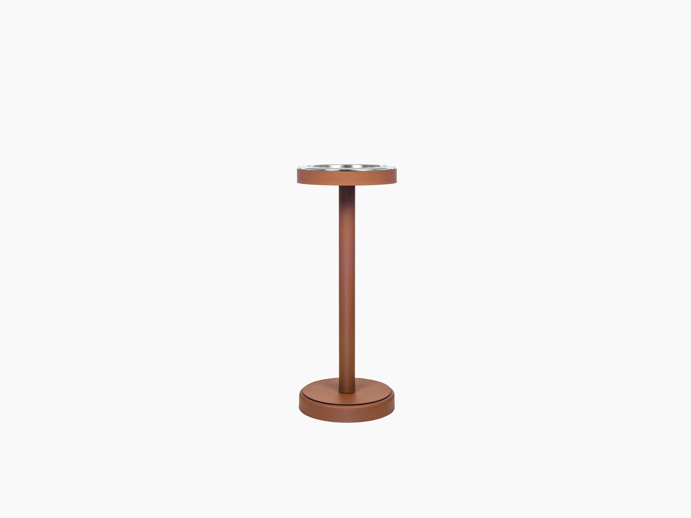 Champagne bucket set on a tall brown stand with a circular base
