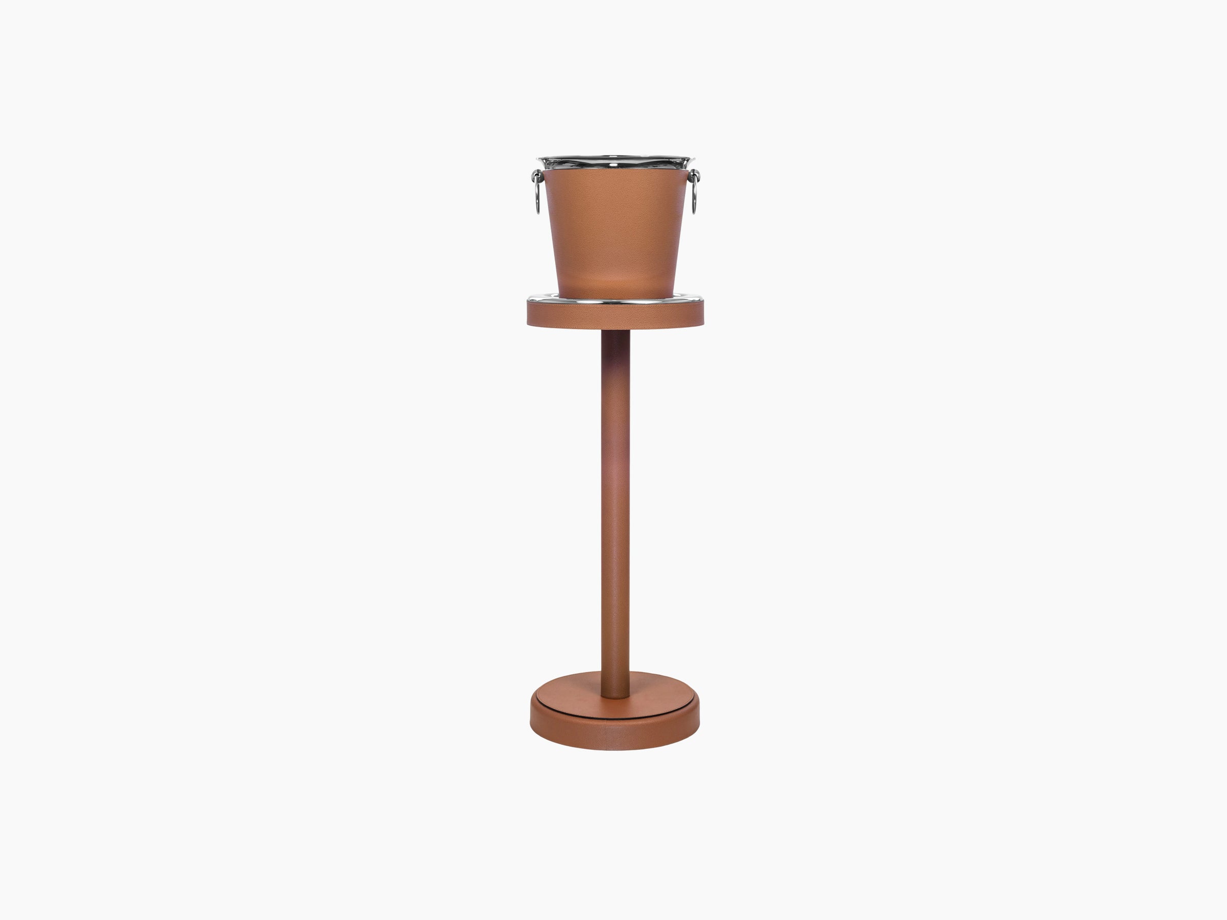 Leather wrapped champagne bucket with metal handles and a bottle inside
