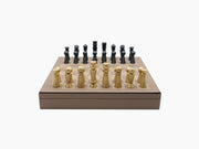 Two in one chess and checkers board in a brown wooden box with a tan top board.