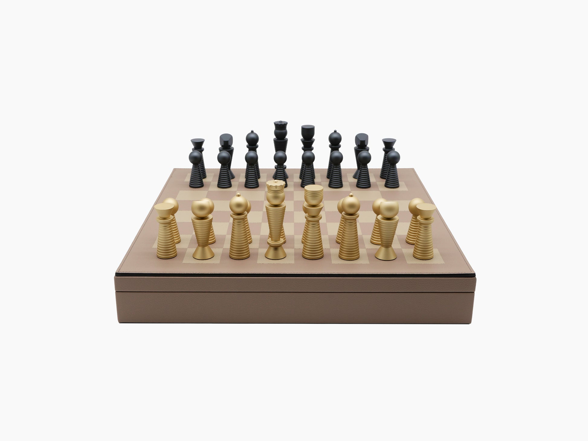 Two in one chess and checkers board in a brown wooden box with a tan top board.