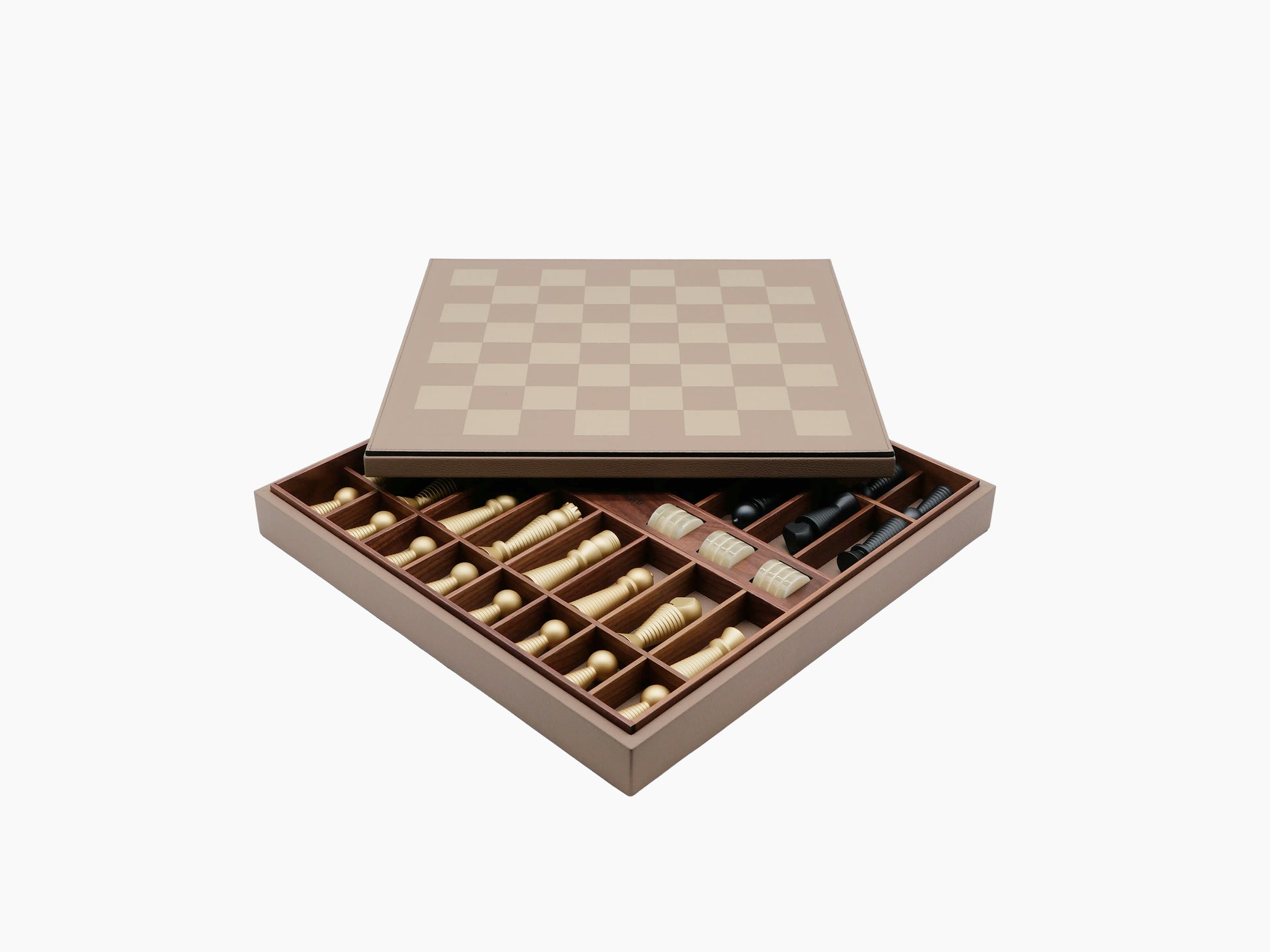 Open chess set with gold and black pieces neatly arranged in a brown wooden storage box.
