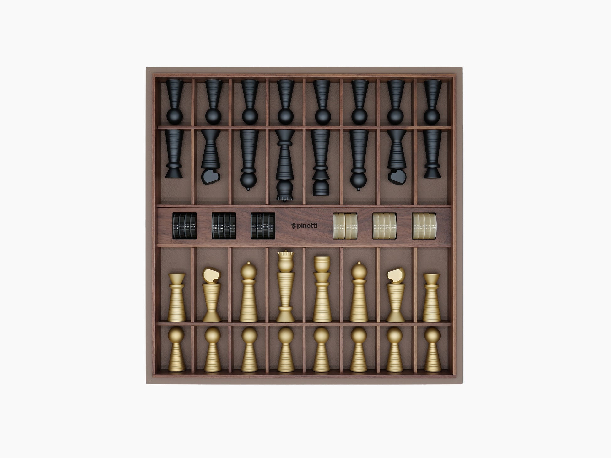 Top view of the walnut wood two in one chess and checkers board with gold pieces on the bottom and black pieces on the top
