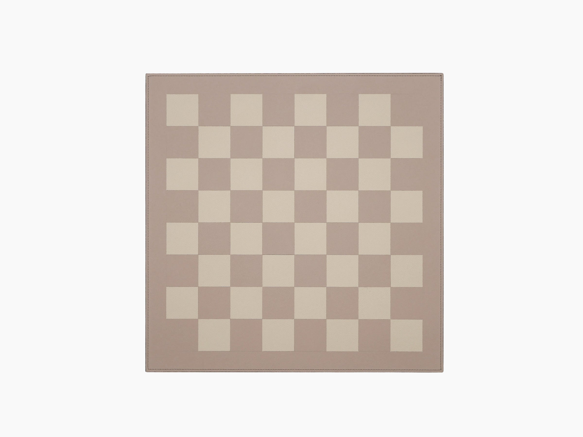 Two in one chess and checkers board on taupe leather frame with beige and light brown squares