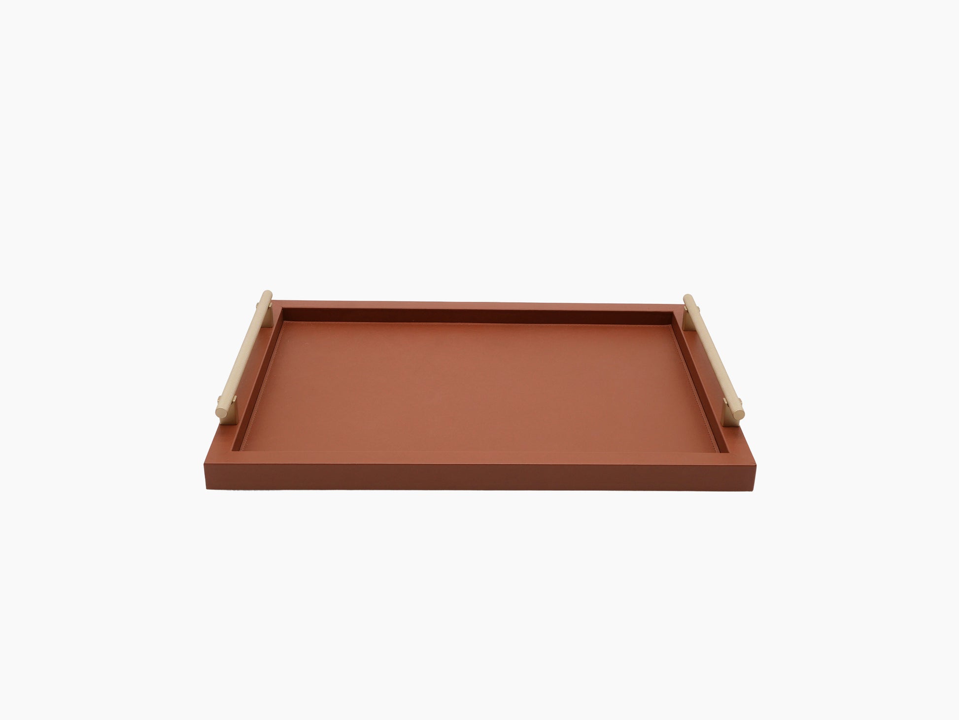 Dafne Medium Tray with a wooden frame wrapped in premium leather and light beige handles