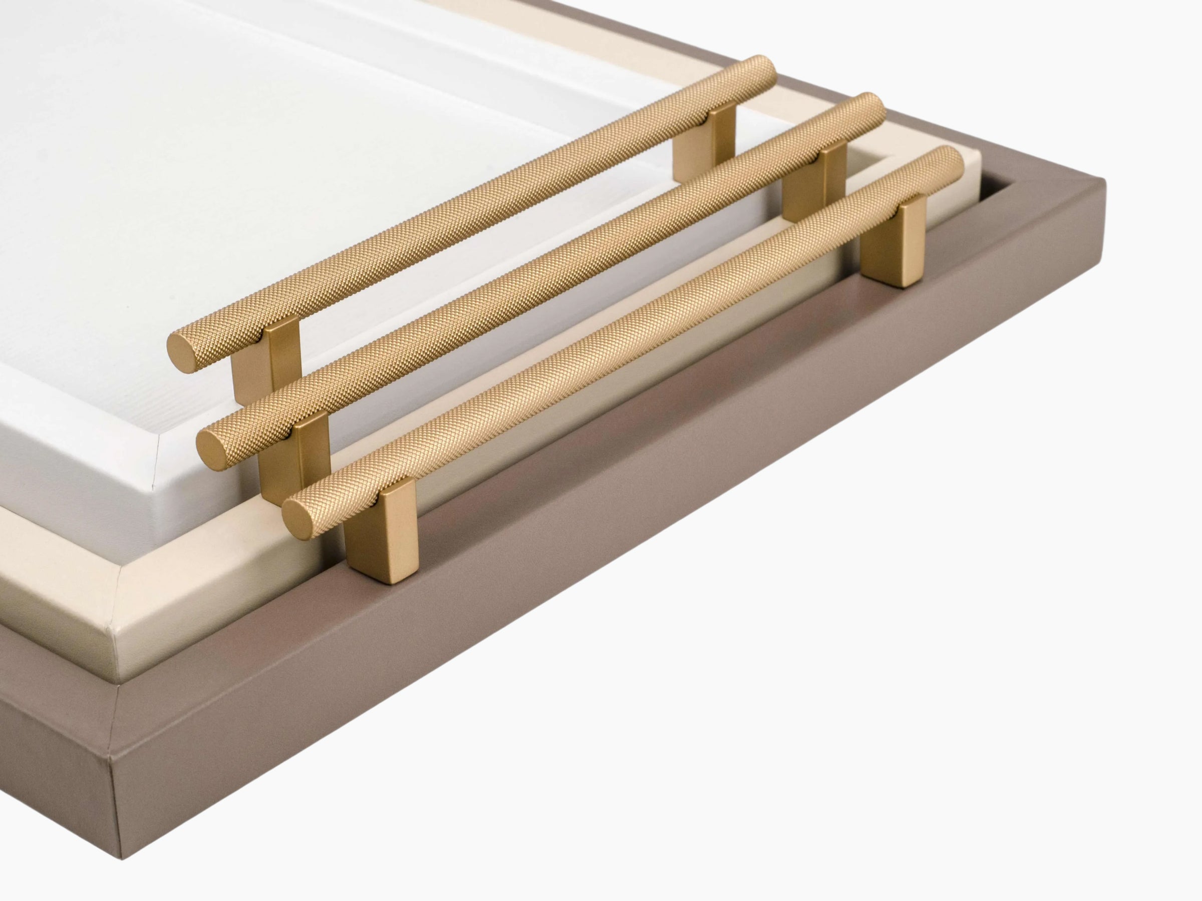 Dafne Medium Tray with a light wood frame and three leather wrapped handles mounted on brass supports