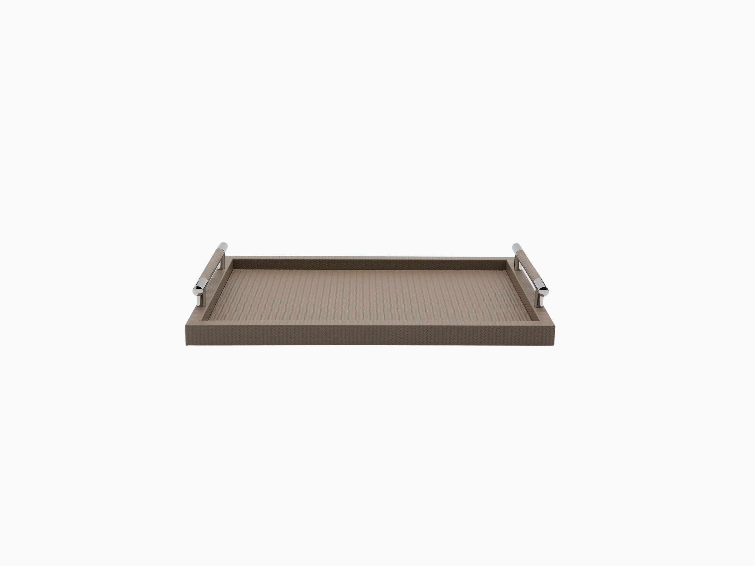 Dedalo Medium Tray in tan Florentine leather with sleek chrome handles on a white background.