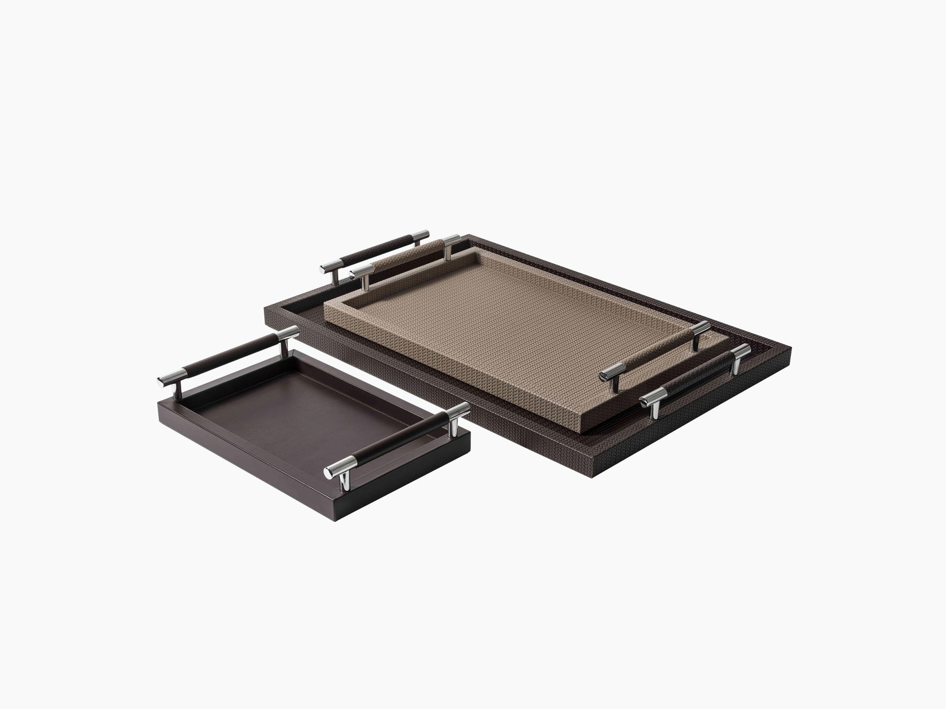 Two-tone Dedalo Medium Tray set with nested brown trays and chrome handles.