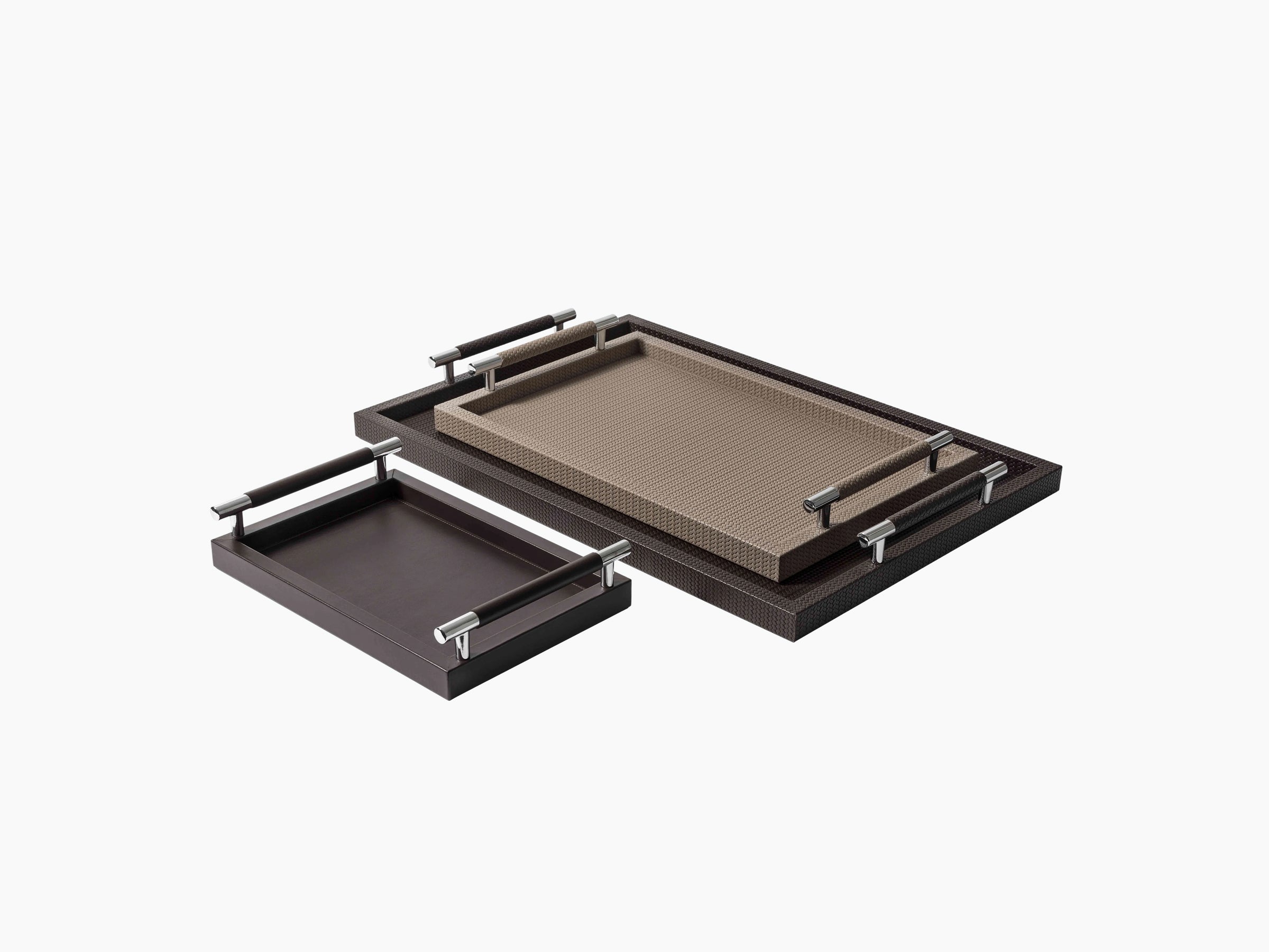 Two-tone Dedalo Medium Tray set with nested brown trays and chrome handles.