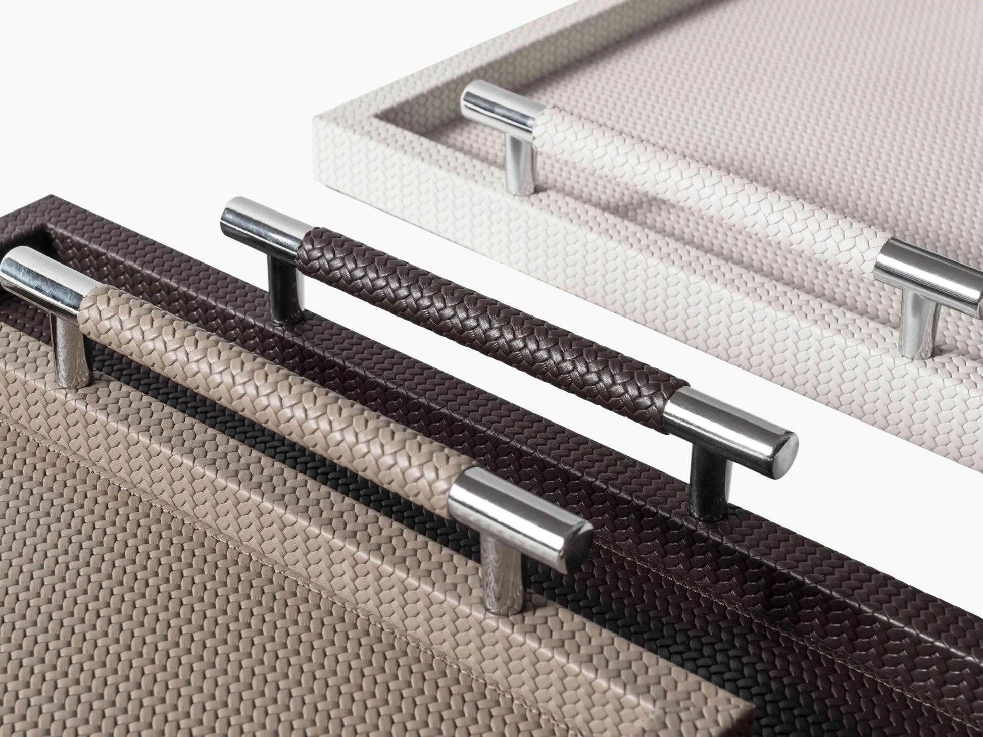 Close up of braided Florentine leather textures in neutral colors for customization options.