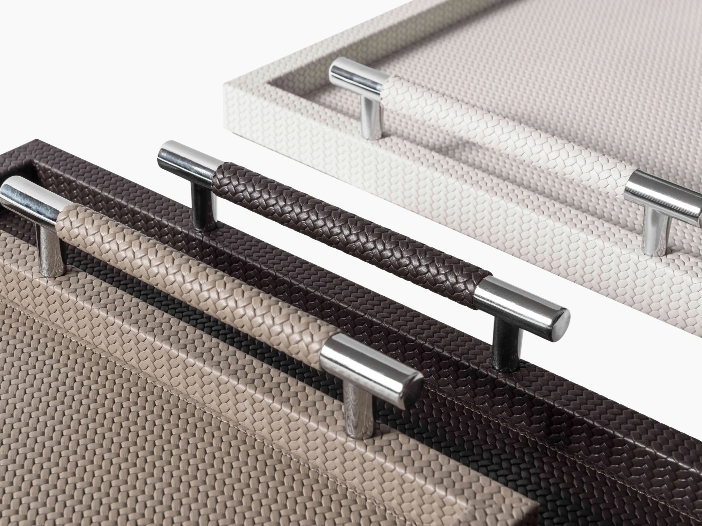 Close up of braided Florentine leather textures in neutral colors for customization options.