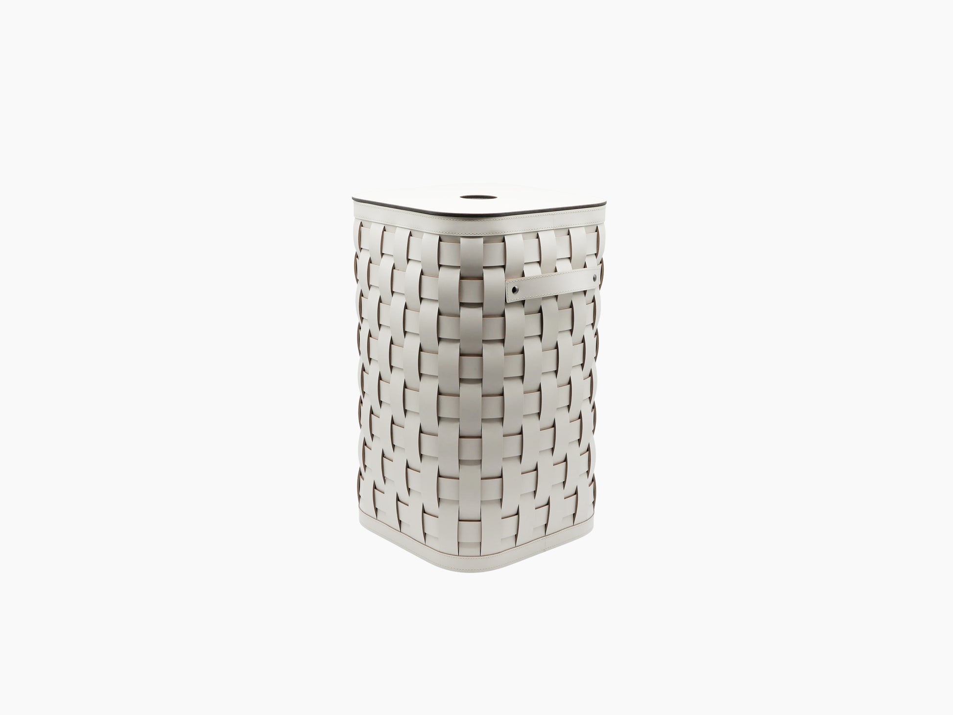 Demetra Basket tall grey leather woven laundry basket with a flat lid