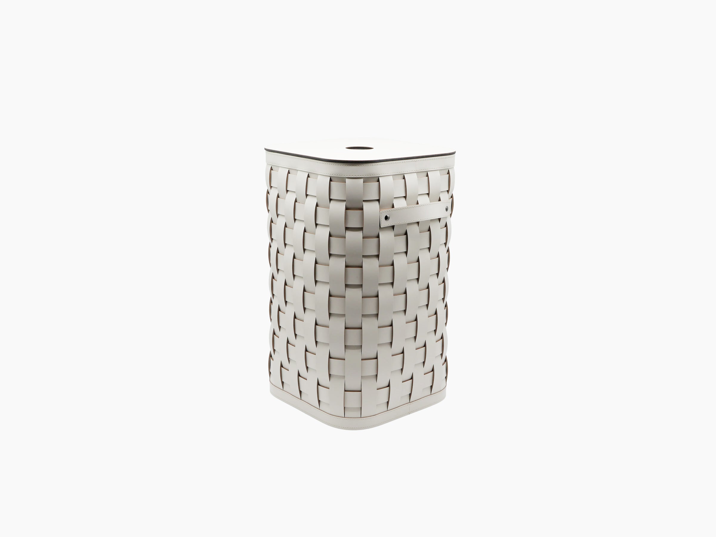 Demetra Basket tall grey leather woven laundry basket with a flat lid