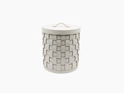 Circular Demetra Paper Bin with lid and tan leather handle in a light natural tone