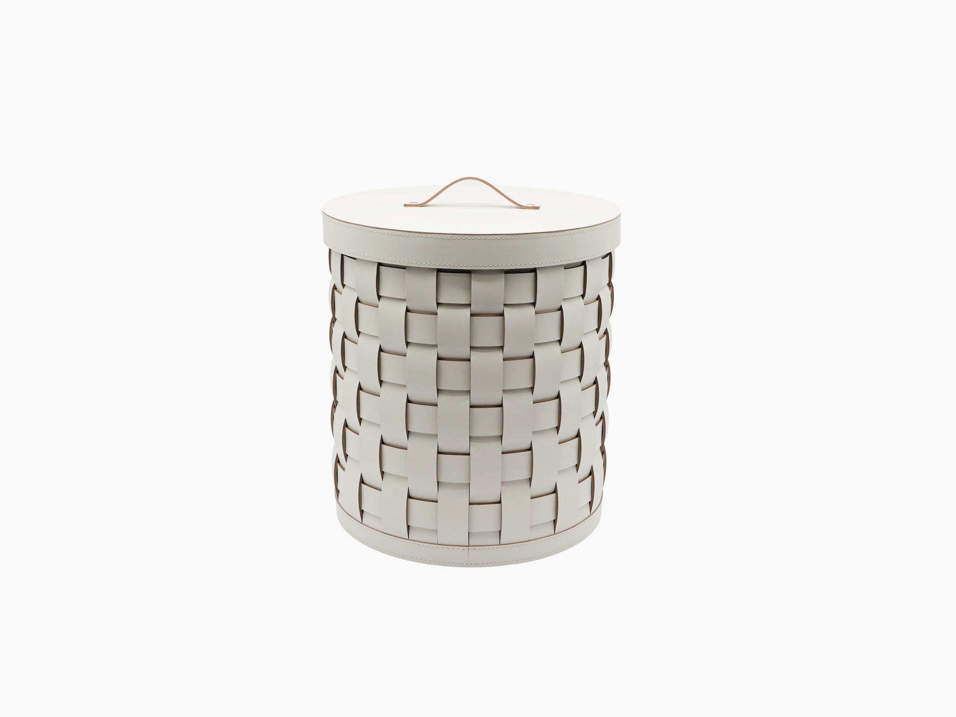 Circular Demetra Paper Bin with lid and tan leather handle in a light natural tone