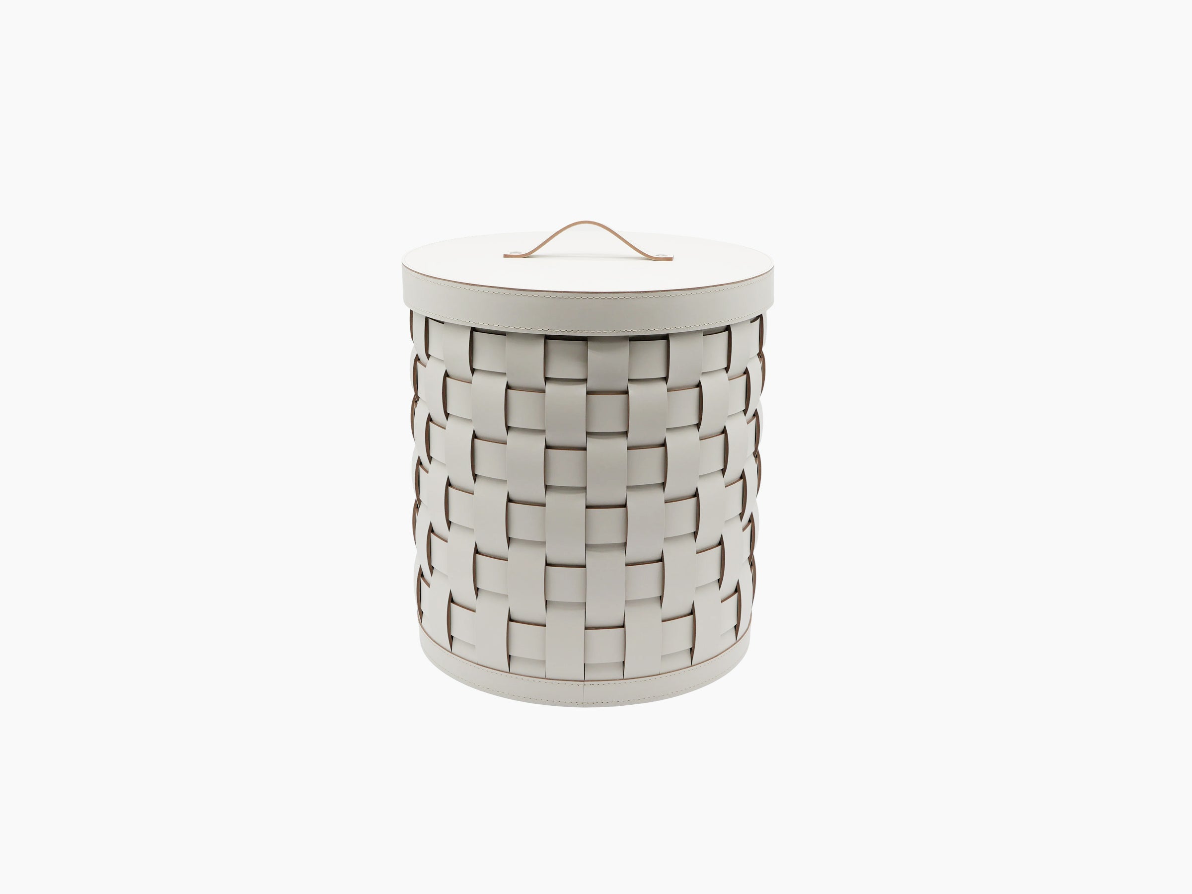 Circular Demetra Paper Bin with lid and tan leather handle in a light natural tone