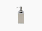 Square soap dispenser with chrome pump and beige waterproof leather wrap