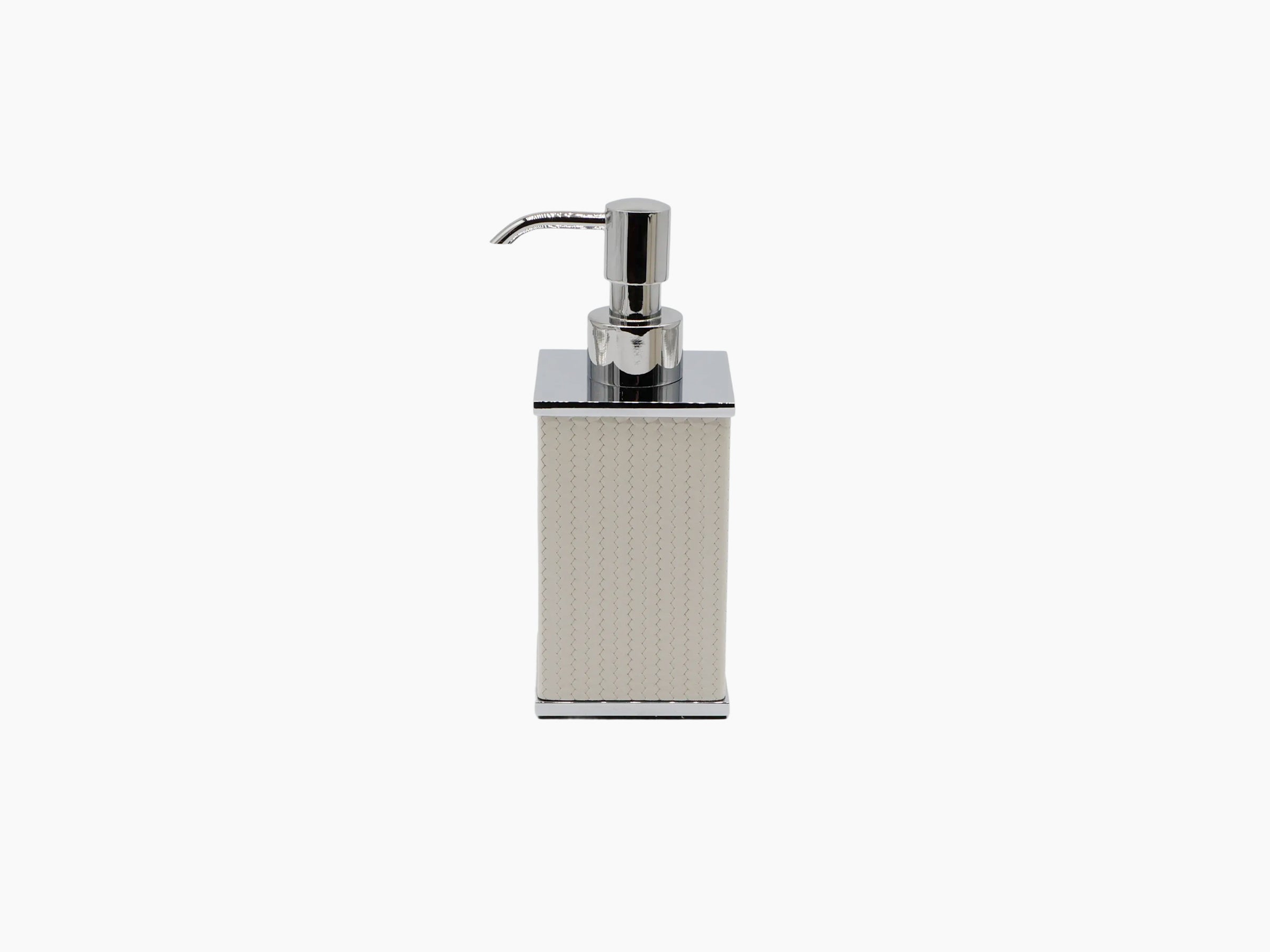 Square soap dispenser with chrome pump and beige waterproof leather wrap