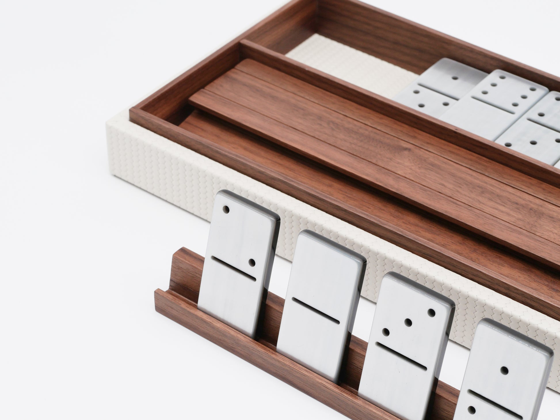 Timeless dominoes set in a leather covered wooden box with Canaletto walnut pawns holder and pearled domino pieces