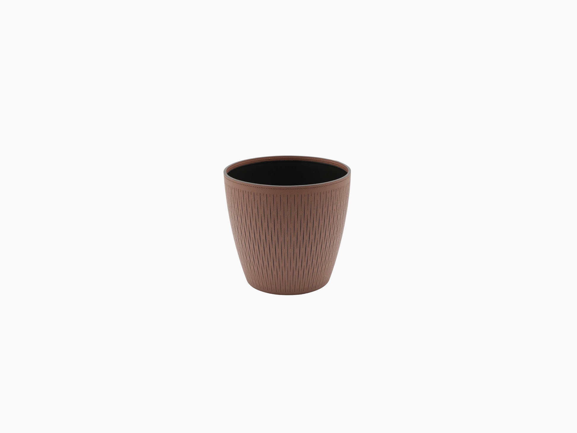 Brown textured flower pot with vertical ridges.