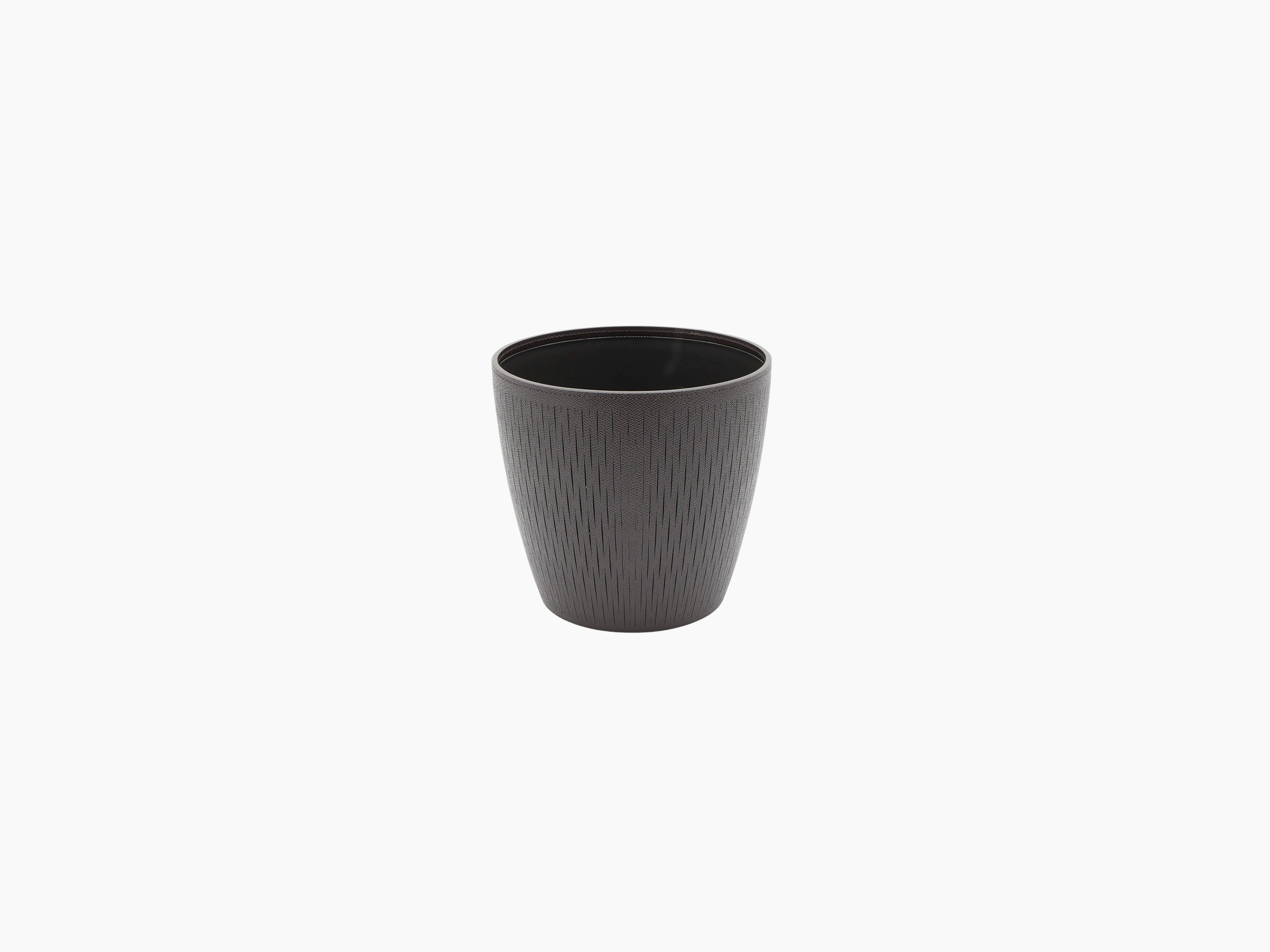 Dark gray textured flower pot with vertical ridges.