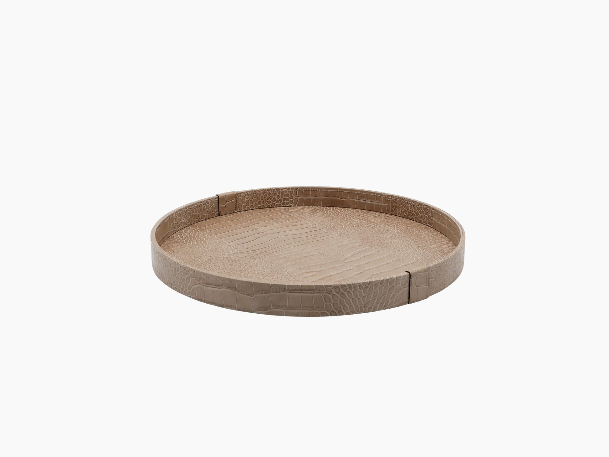 Gea round tray in beige textured leather shown flat