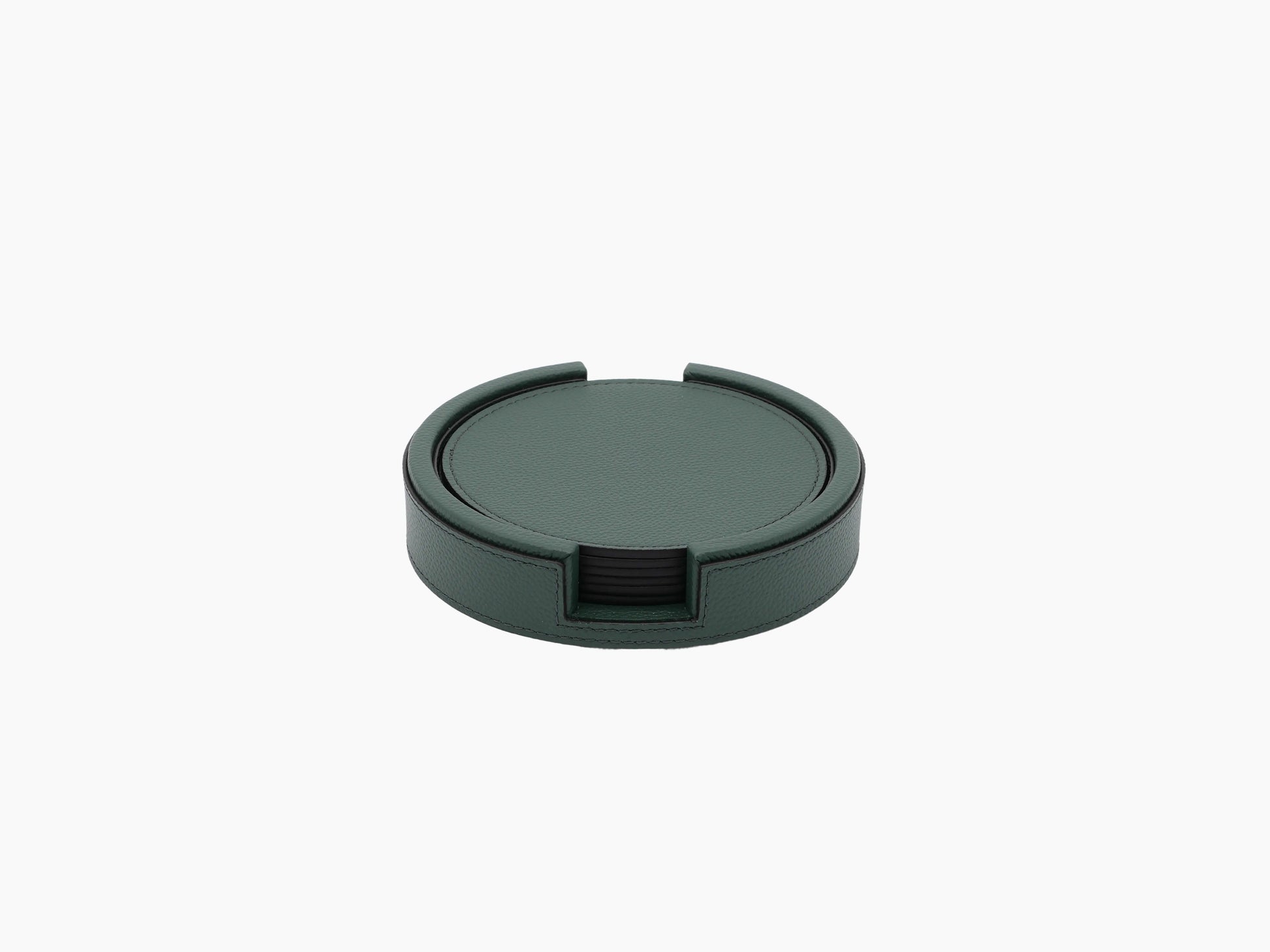 Closed round leather coaster holder in gray with lid in place and front notch detail
