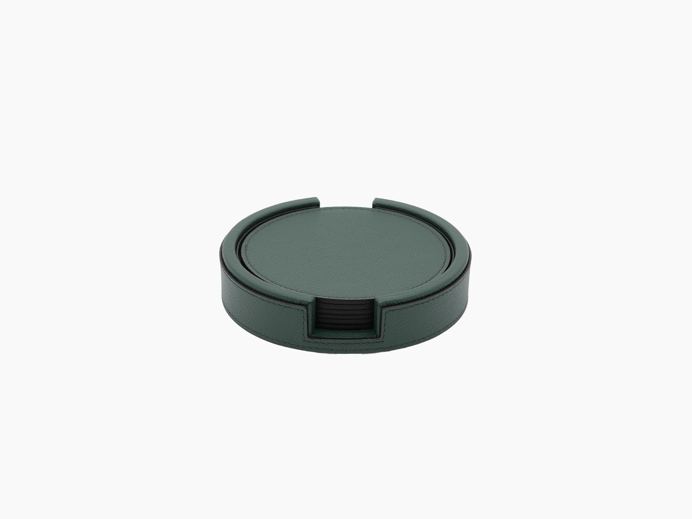 Closed round leather coaster holder in gray with lid in place and front notch detail