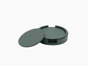 Open round green leather coaster holder with lid removed and six coasters inside