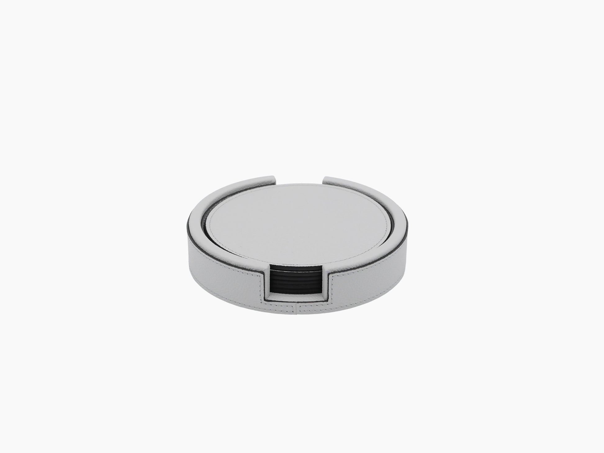Round light gray leather coaster holder with a front notch and black inner lining