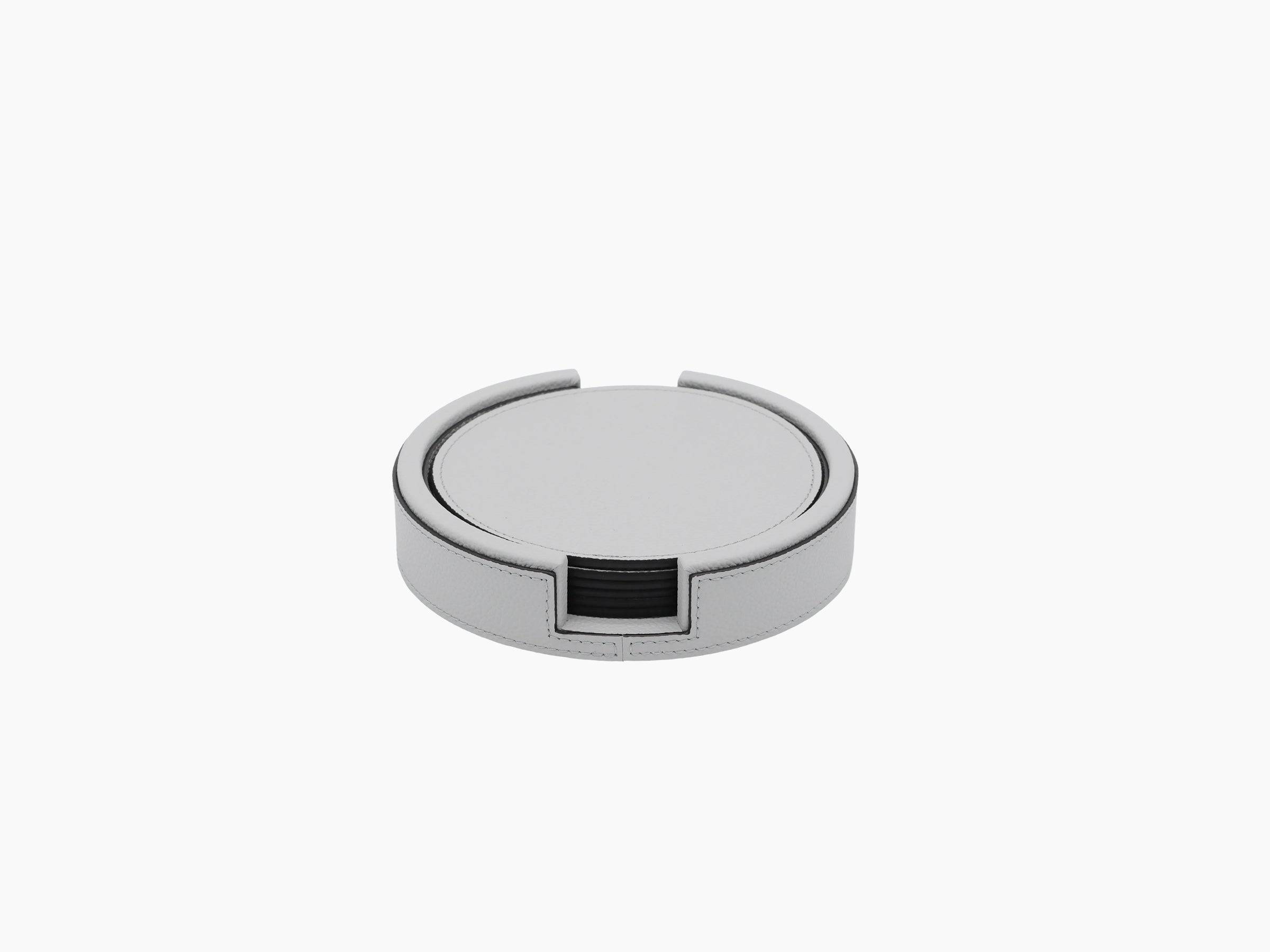 Round light gray leather coaster holder with a front notch and black inner lining