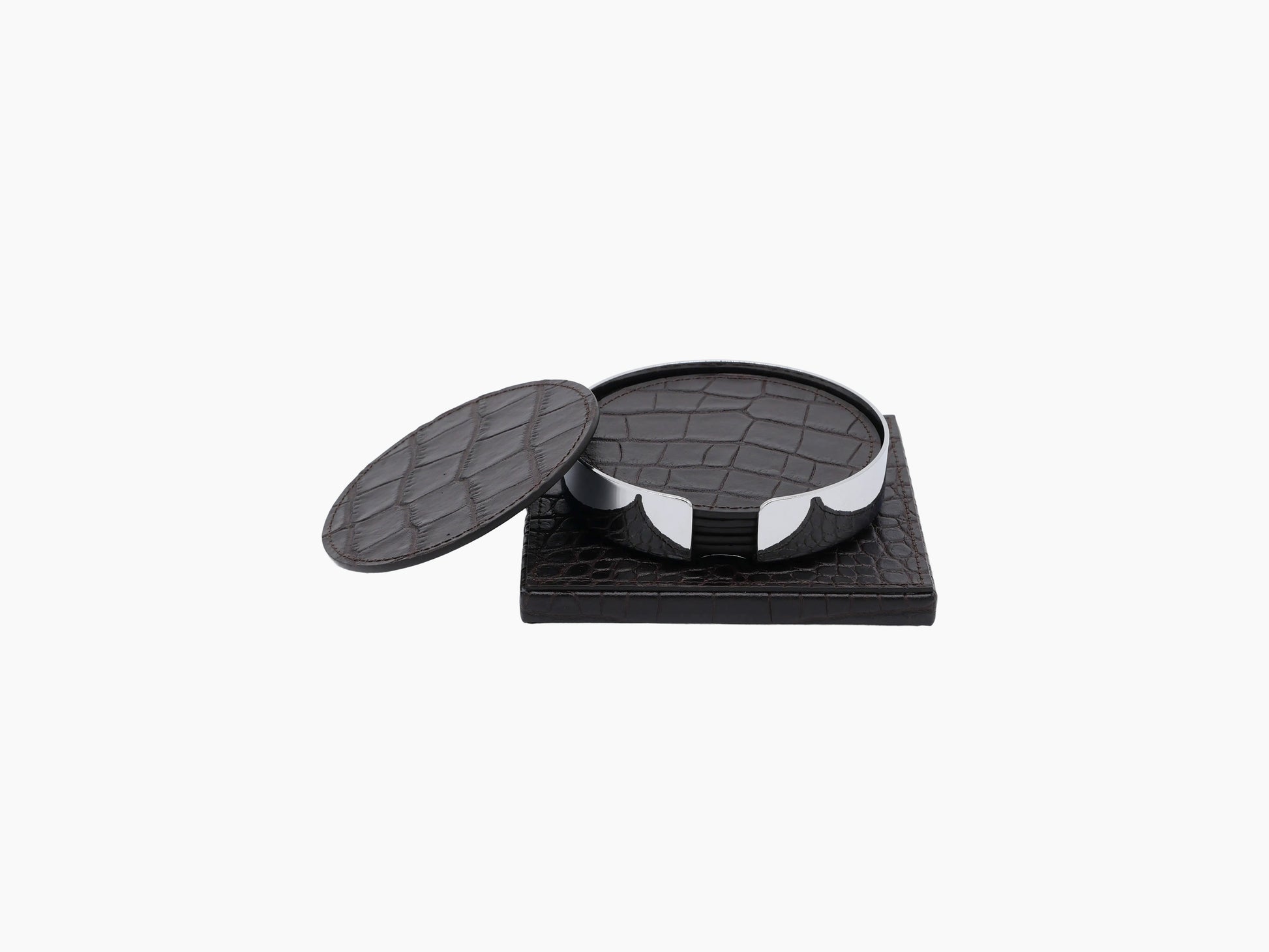 Open leather wrapped coaster holder with six leather coasters on a dark wooden base