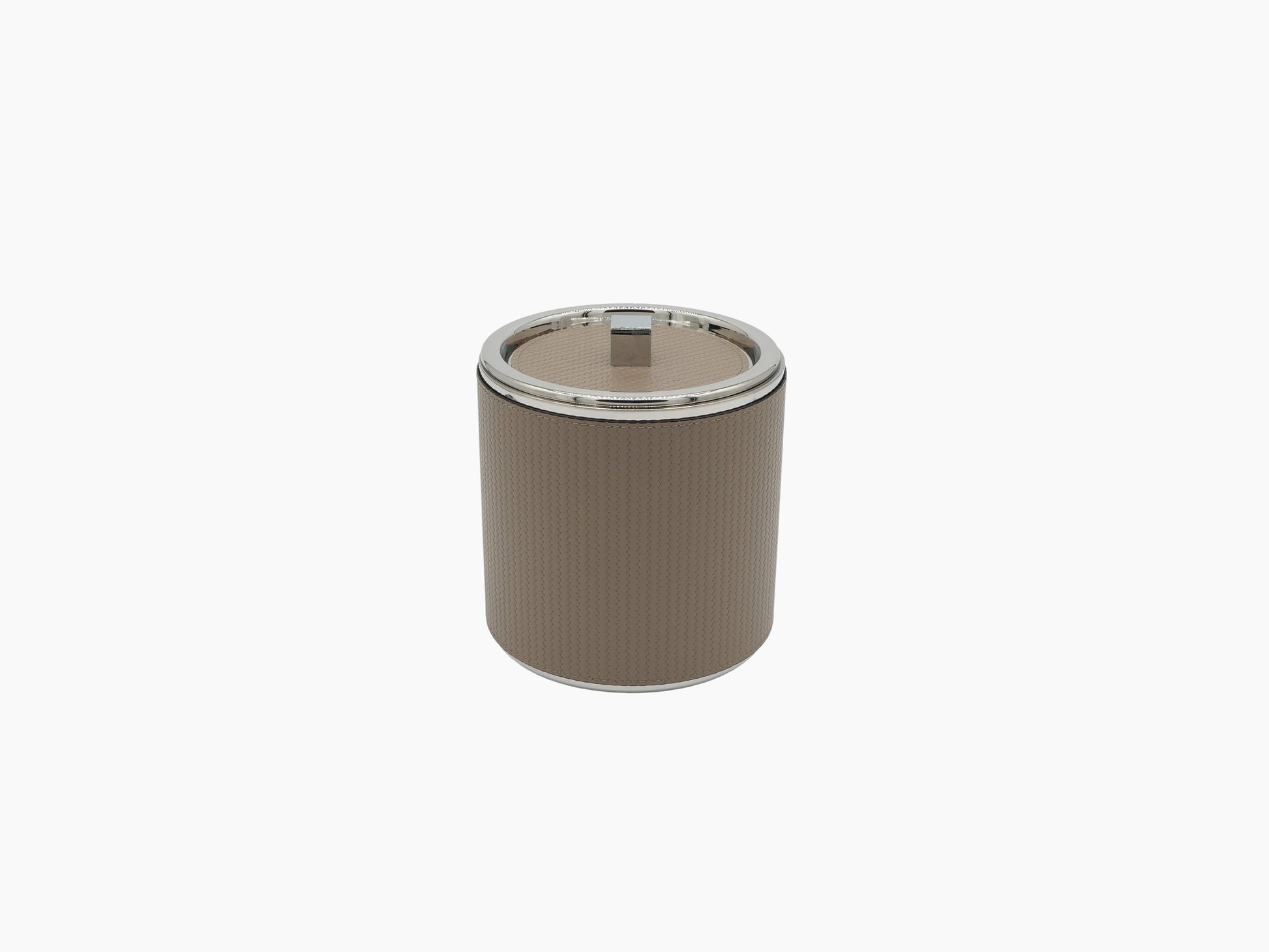 Tan leather wrapped stainless steel ice bucket with chrome trim and built in ice strainer