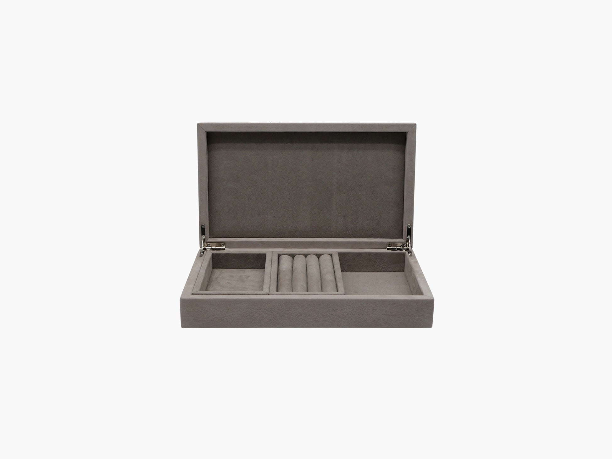 Open grey jewelry box with ring rolls and divided compartments inside soft suede lining