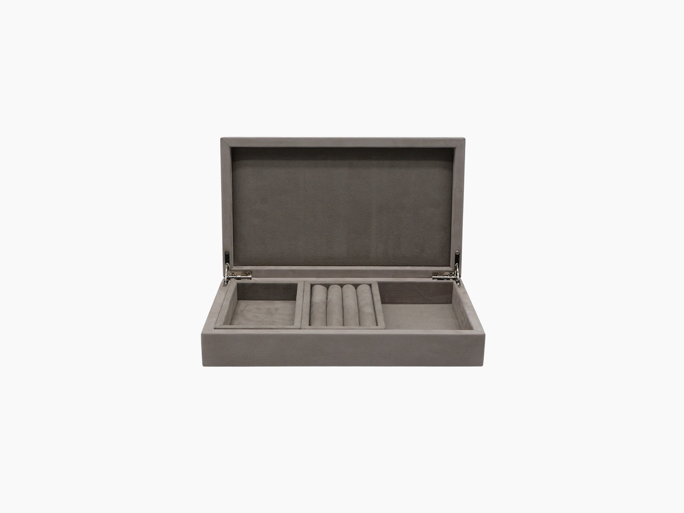 Open grey jewelry box with ring rolls and divided compartments inside soft suede lining